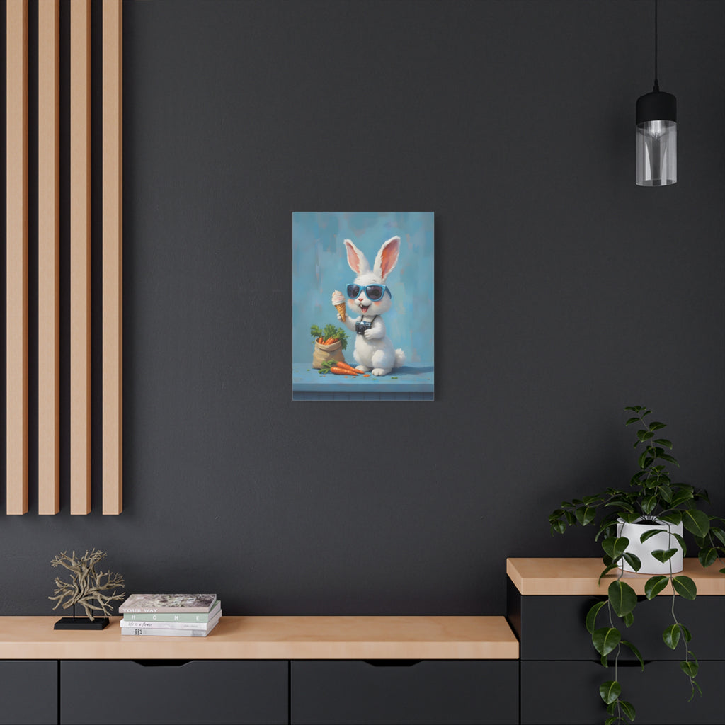 Blue Bunny Canvas Print — Cute Rabbit with Sunglasses & Ice Cream Matte Wall Art