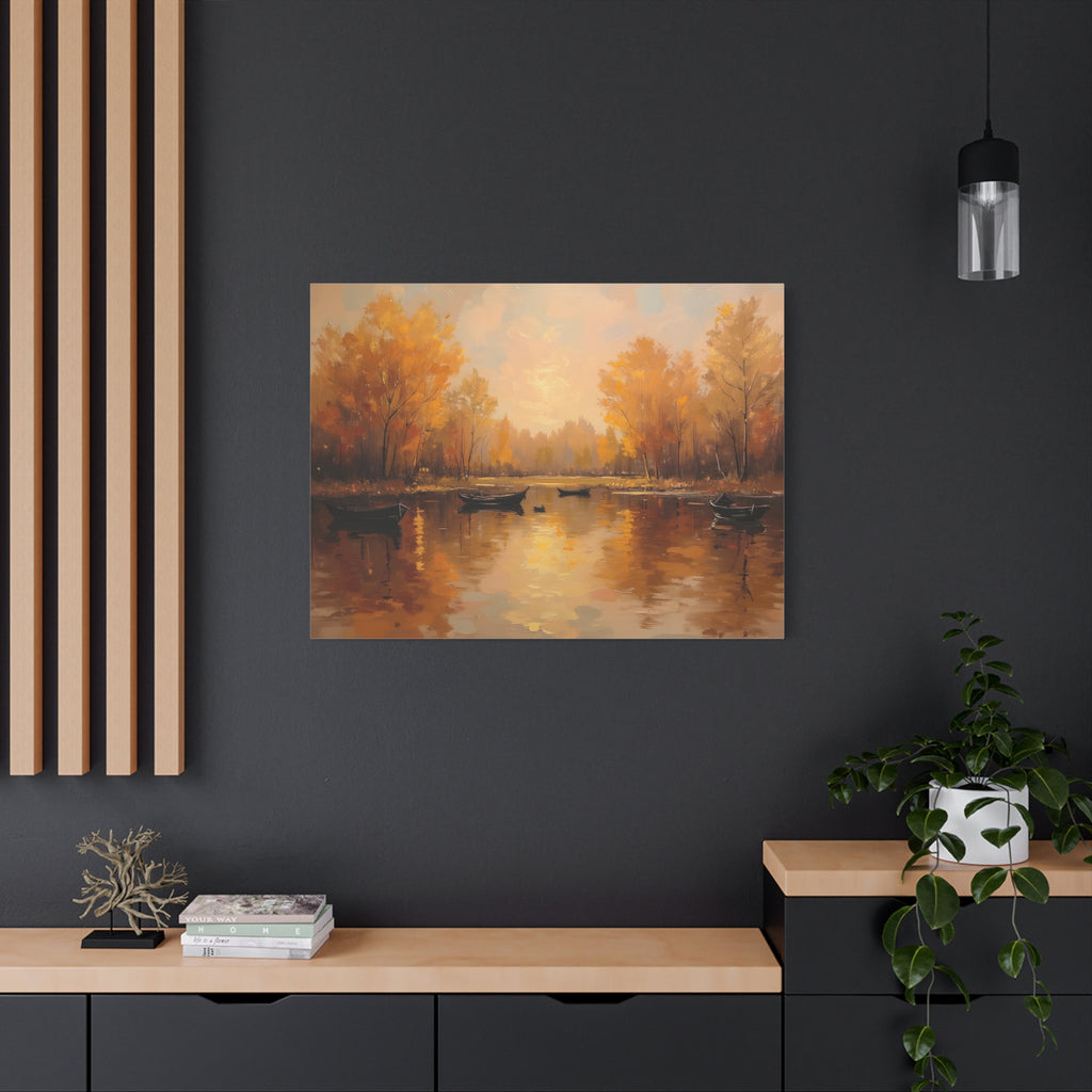 Autumn at the lake with rowboats Wall Art - Stretched Canvas