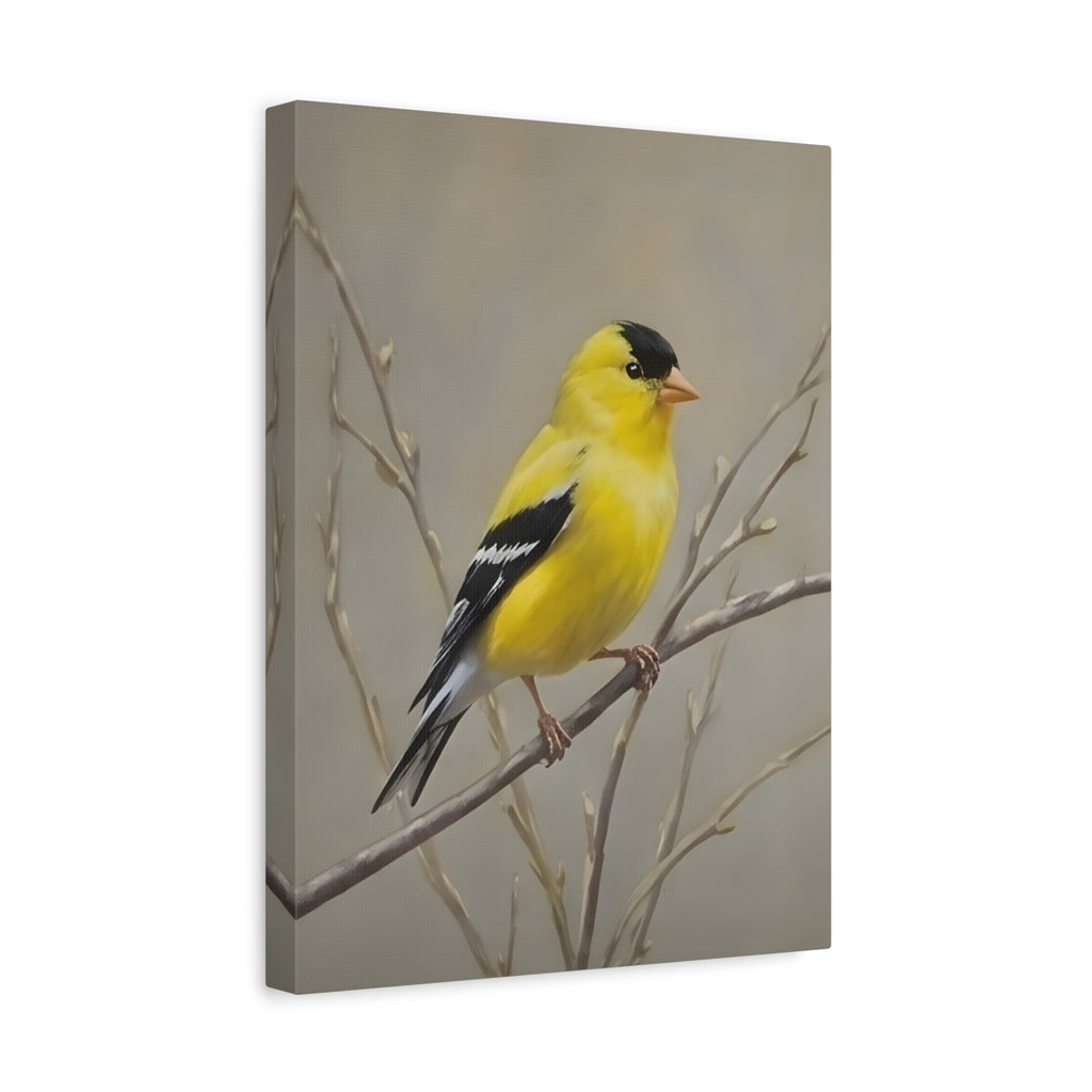 Putter Muurkunst Canvas — Gele Zangvogel Schilderij op Tak, Mat Gespannen Canvas