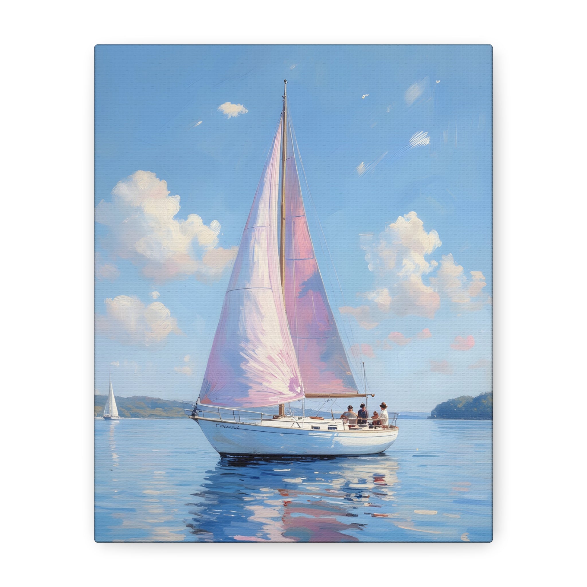 Sailing boat on calm water with pink accents Wall Art - Stretched Canvas