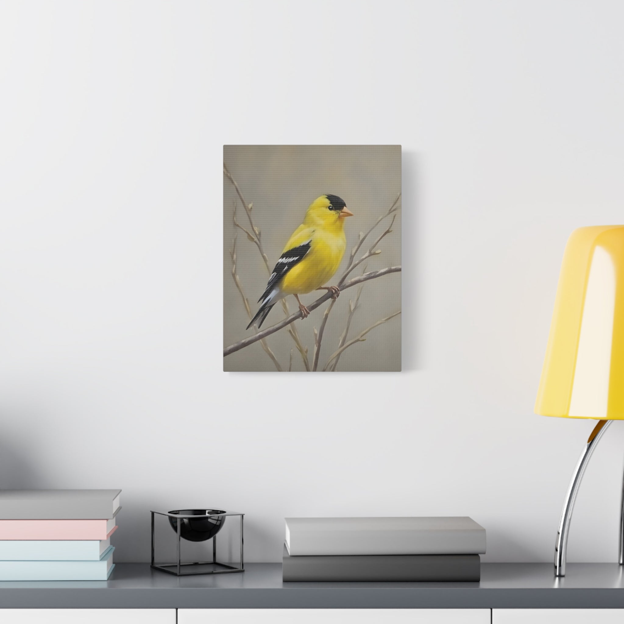 Putter Muurkunst Canvas — Gele Zangvogel Schilderij op Tak, Mat Gespannen Canvas