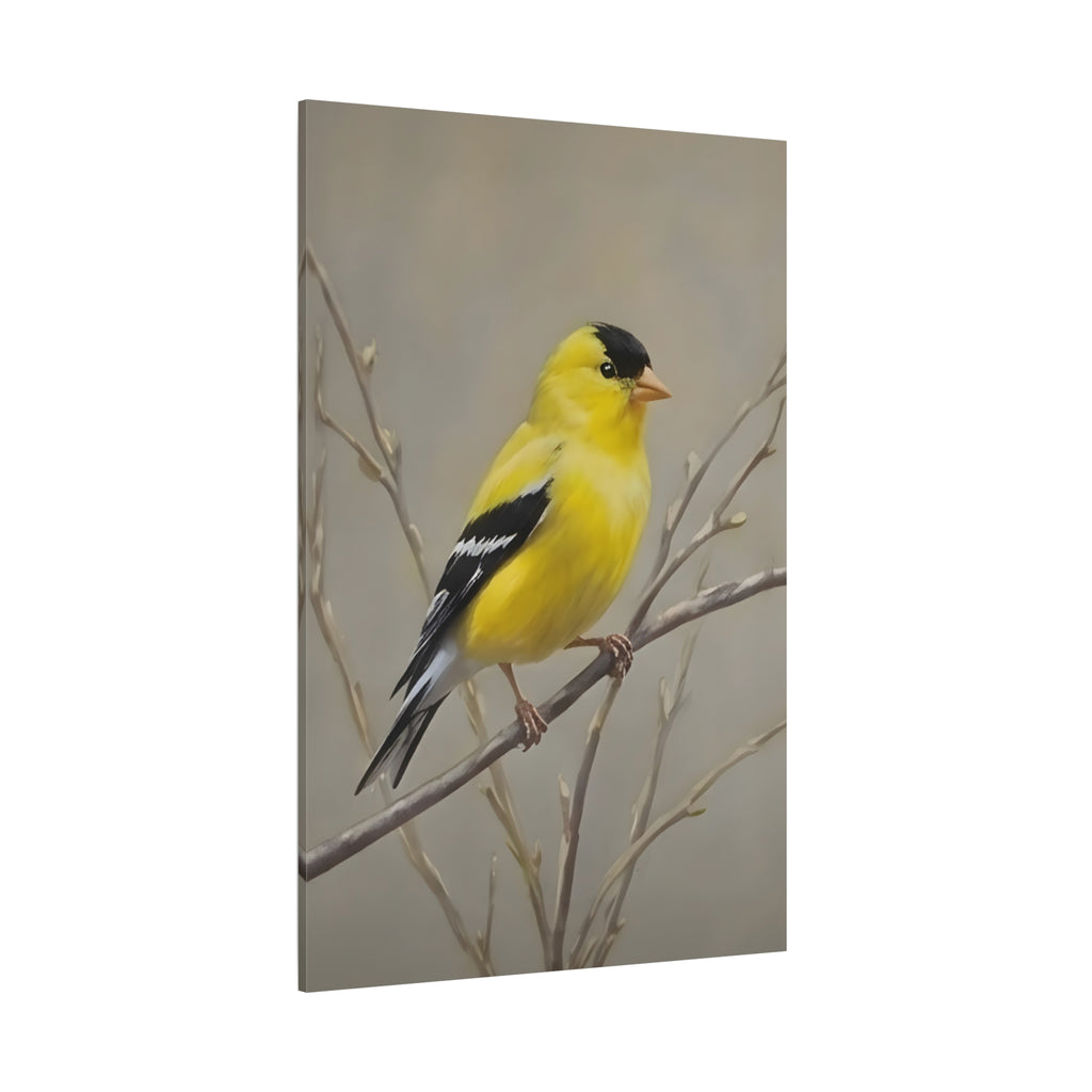 Putter Muurkunst Canvas — Gele Zangvogel Schilderij op Tak, Mat Gespannen Canvas