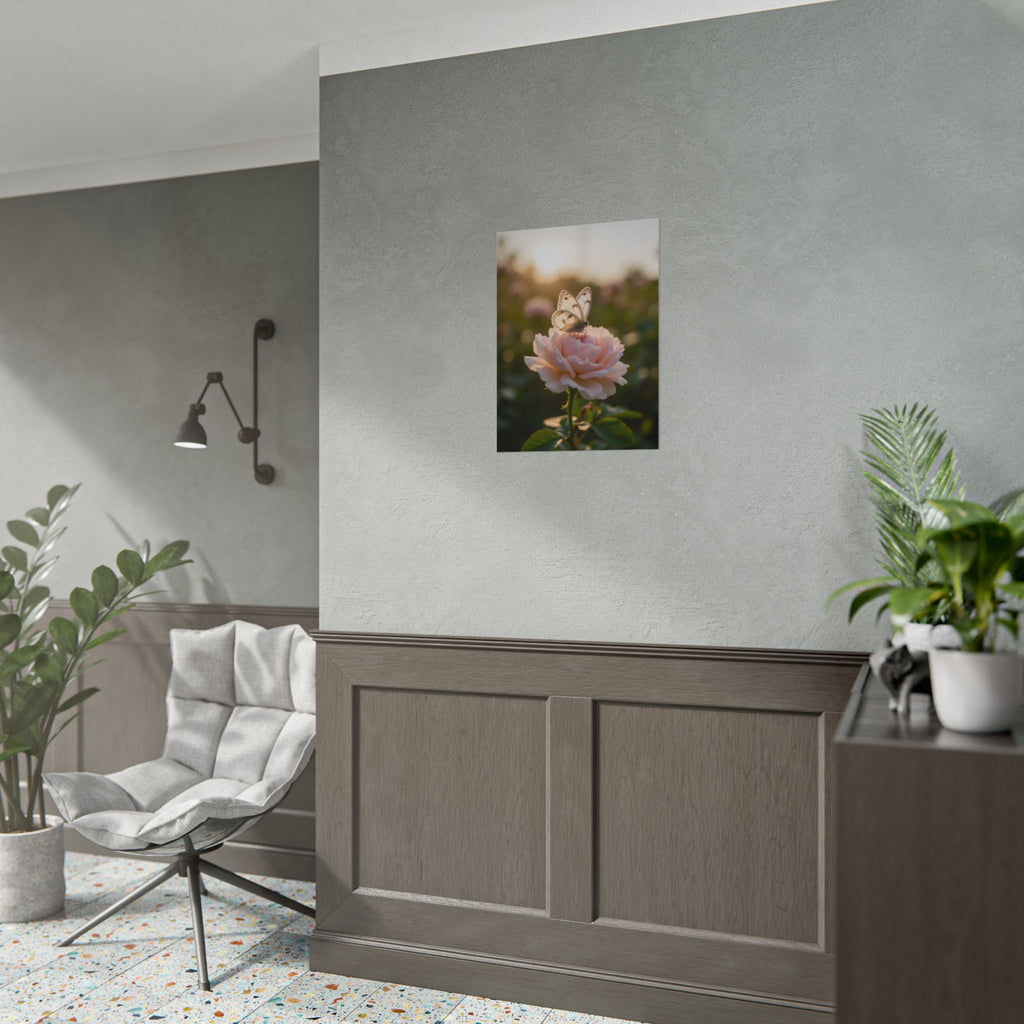 Butterfly on Pink Rose Wall Art - Poster