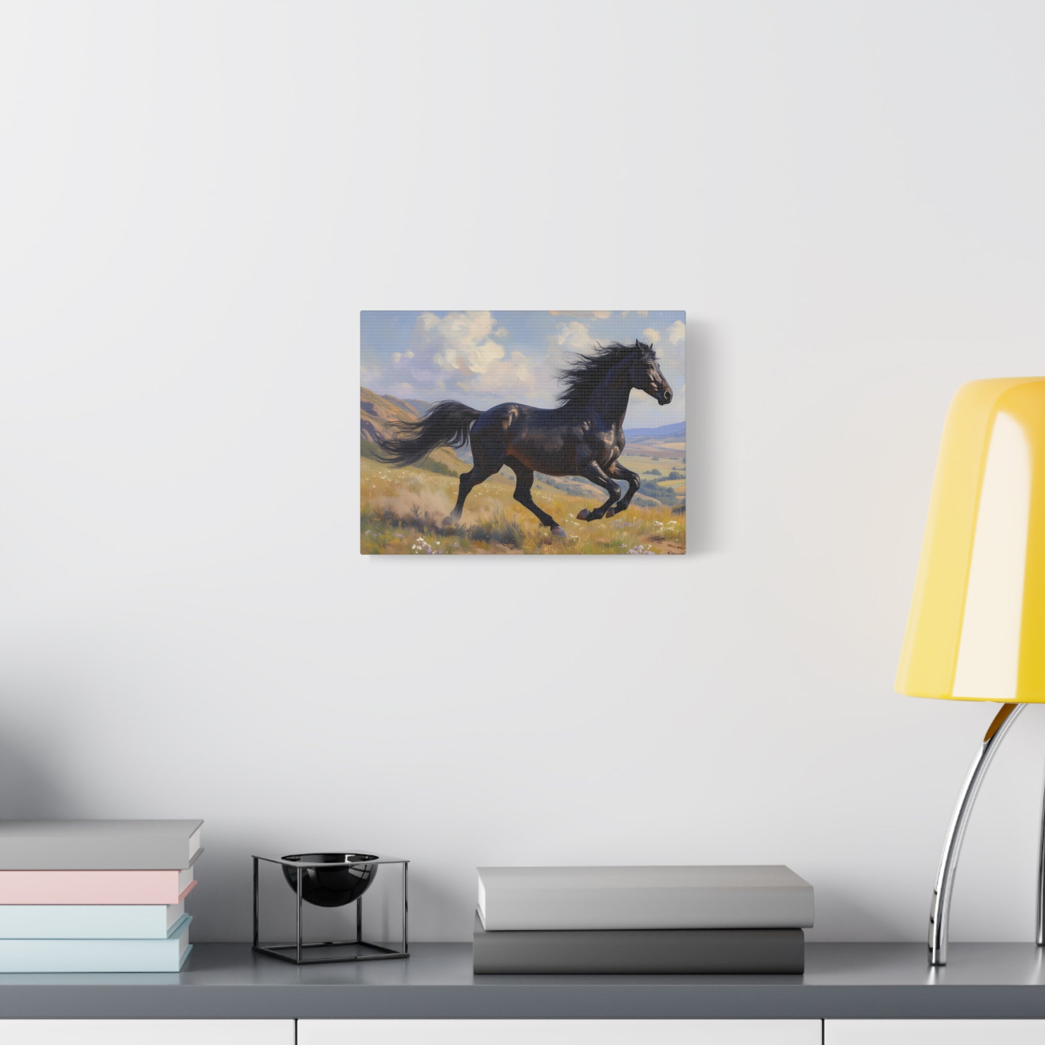 Running Black Stallion Wall Art - Horse Painting - Stretched Canvas
