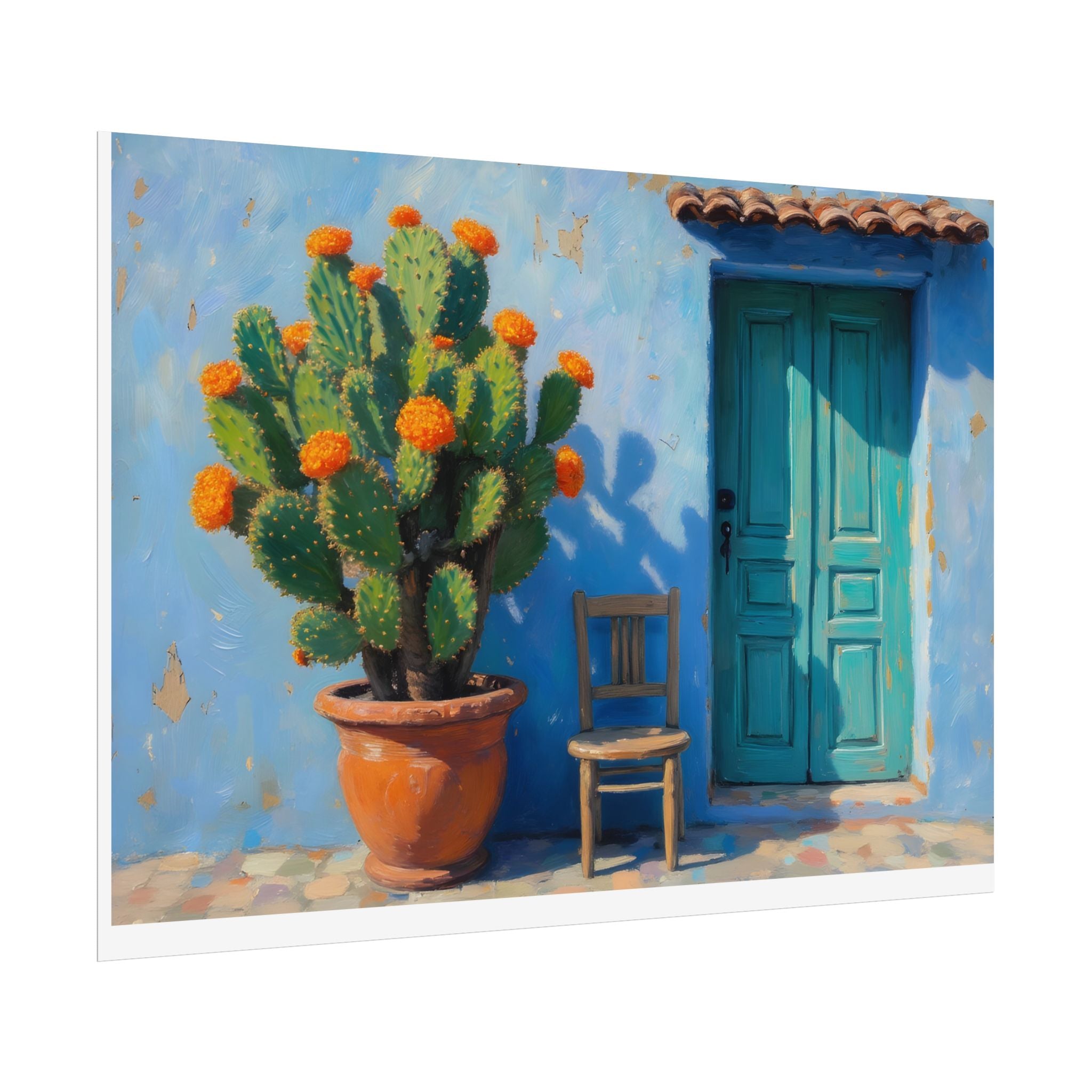 Cactus Binnenplaats Gerolde Poster — Turquoise Deur Woestijn Kunst aan de Muur