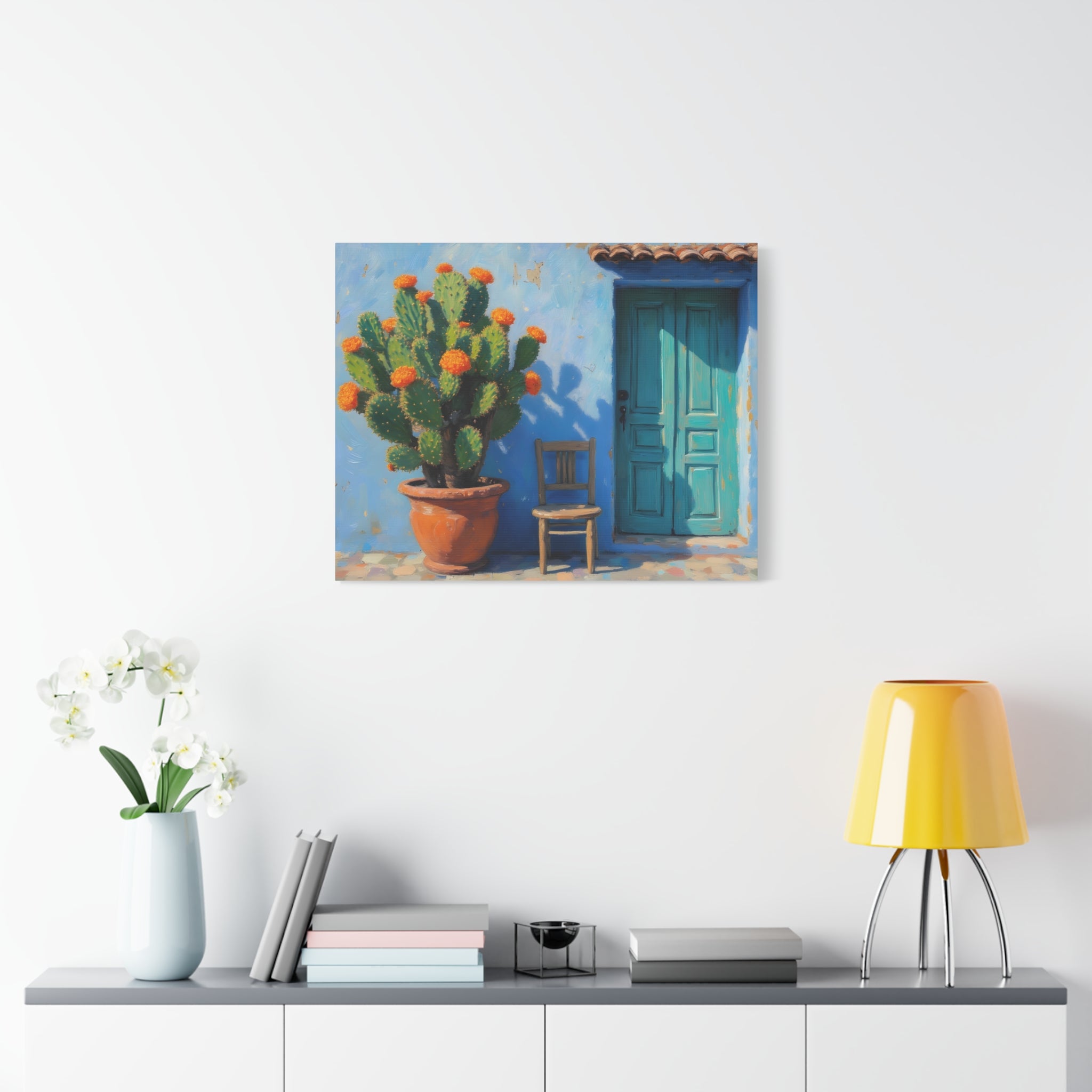 Southwestern Cactus Canvas Wall Art - Turquoise Door Painting (Matte Stretched)