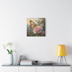 Butterfly on Pink Rose Wall Art - Stretched Canvas