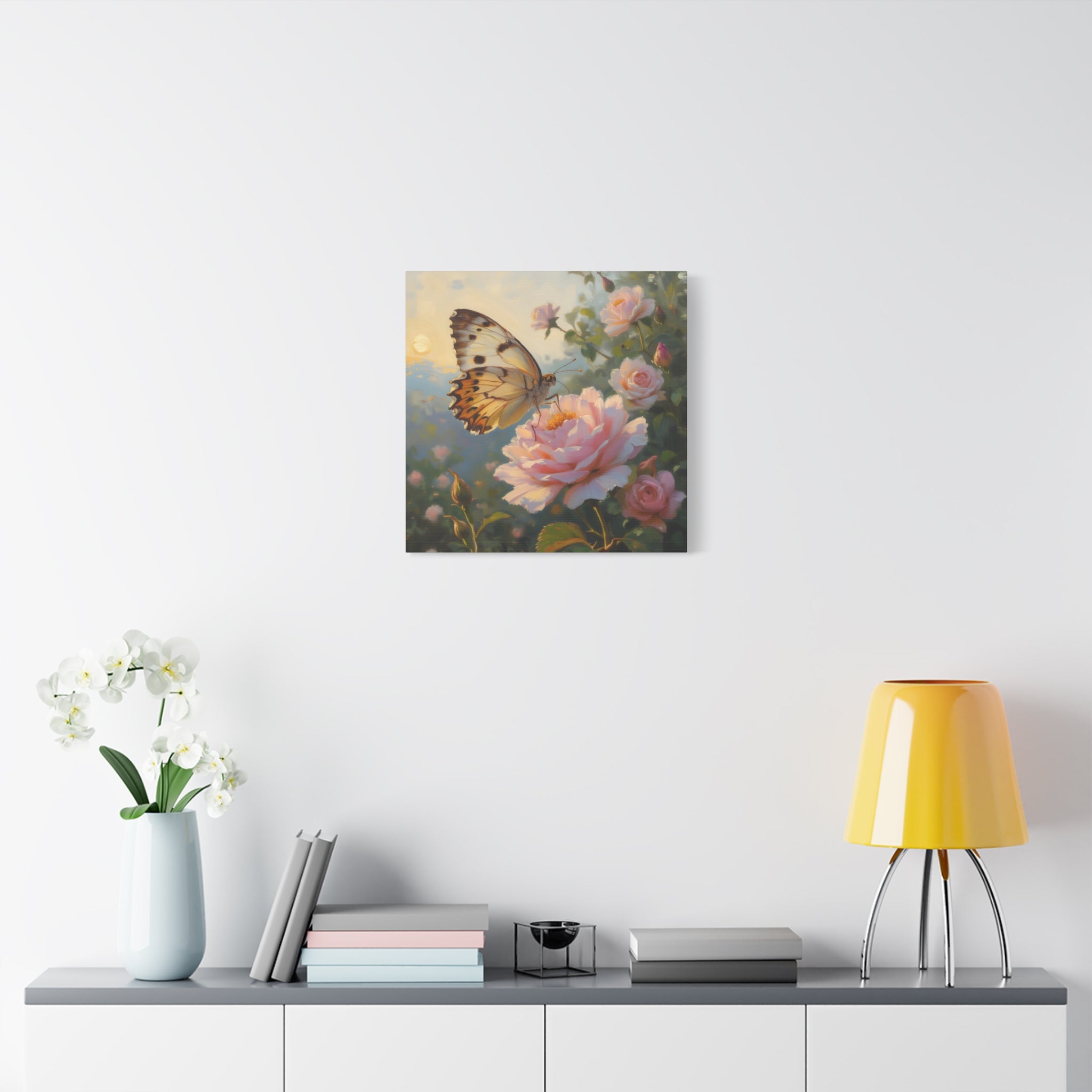 Butterfly on Pink Rose Wall Art - Stretched Canvas