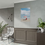 Een herinnering aan een zonovergoten stranddag met strandstoel en parasol - Poster 