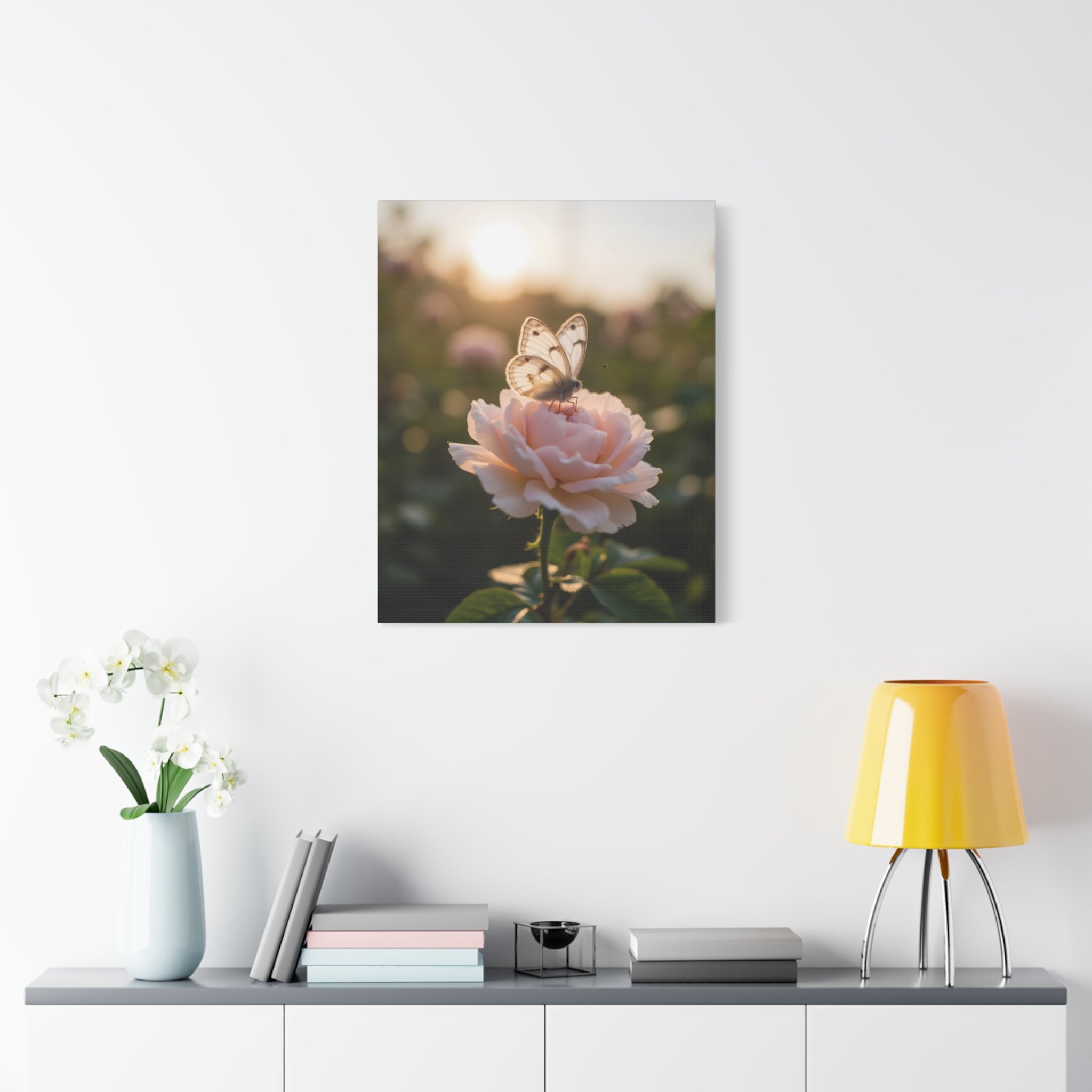 Butterfly on Pink Rose Wall Art - Stretched Canvas