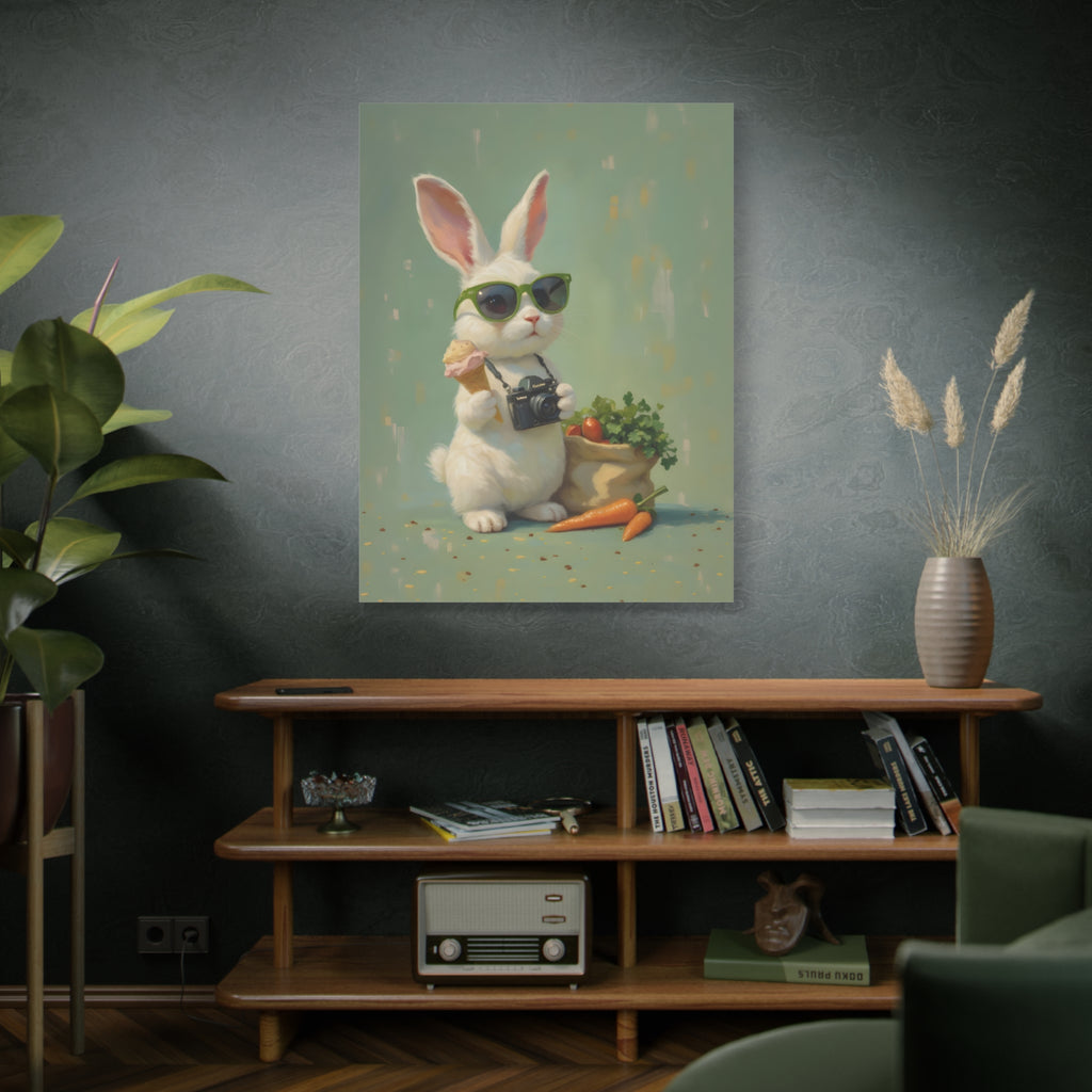 Green Bunny Canvas Wall Art — Photographer Bunny with Carrots & Ice Cream