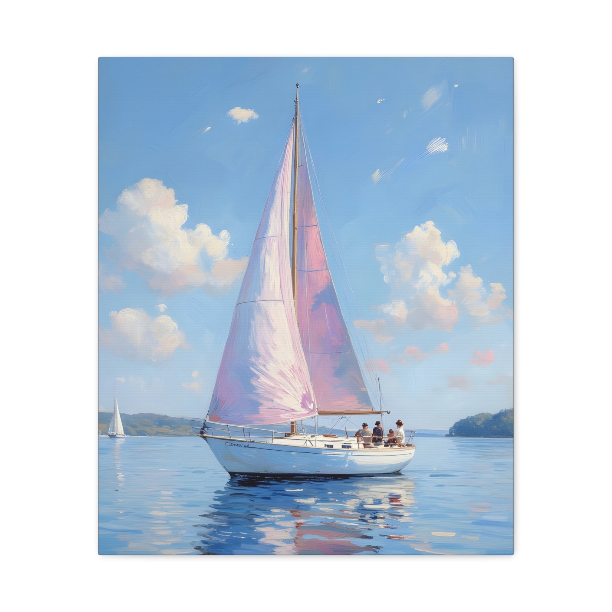 Sailing boat on calm water with pink accents Wall Art - Stretched Canvas