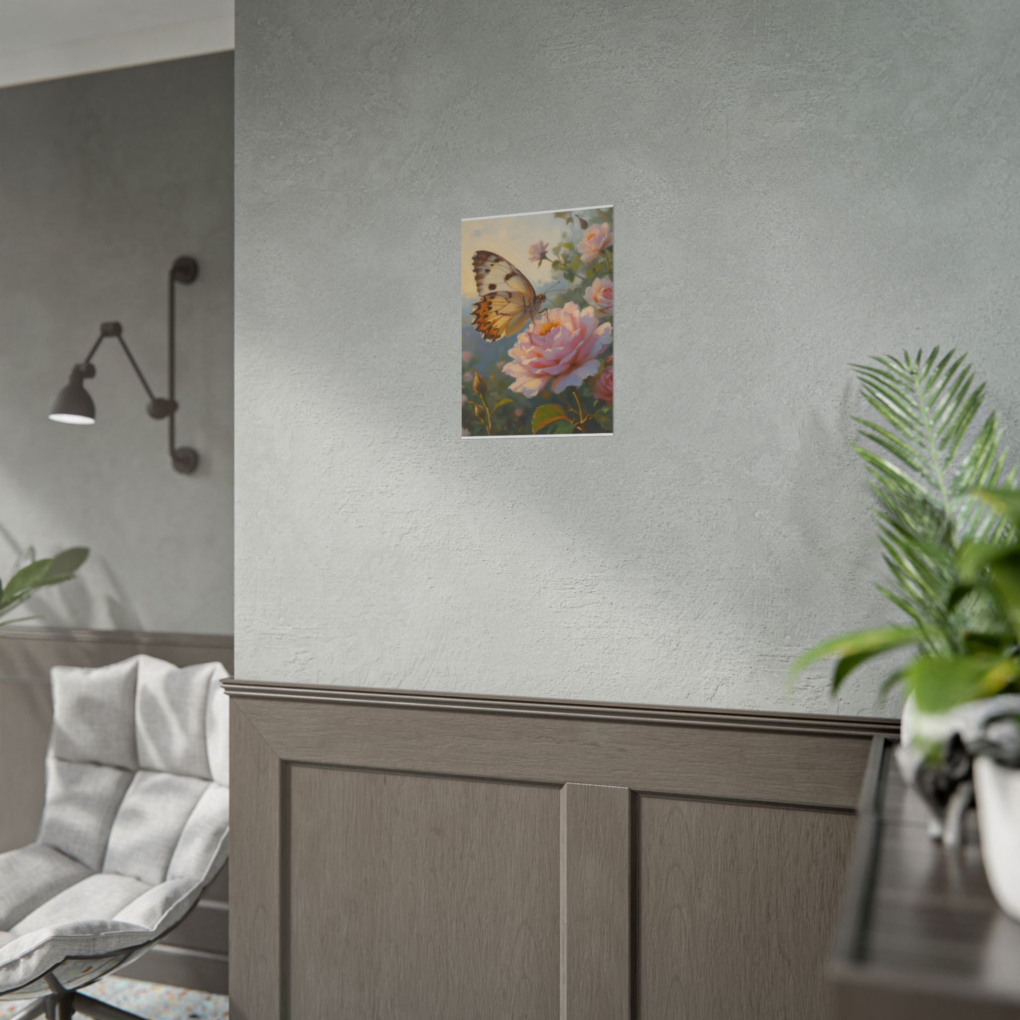 Butterfly on Pink Rose Wall Art - Poster