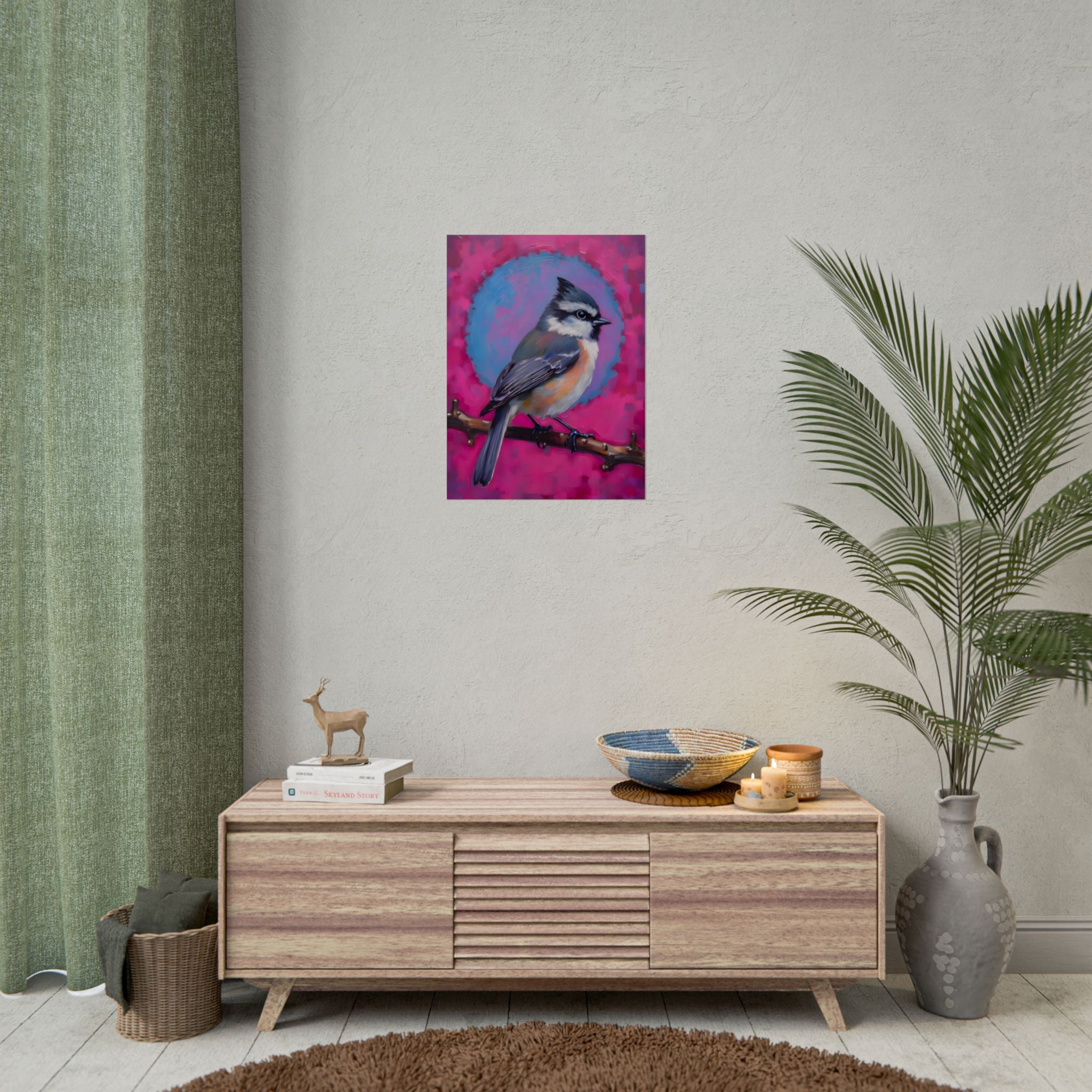 Kleurrijke Zangvogel Poster — Blauwe Gaai Kunstprint op Levendige Roze Achtergrond