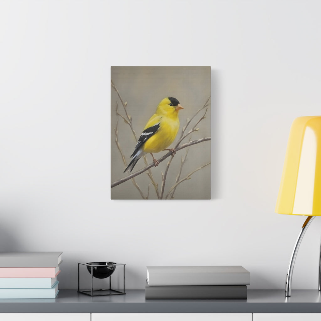 Putter Muurkunst Canvas — Gele Zangvogel Schilderij op Tak, Mat Gespannen Canvas