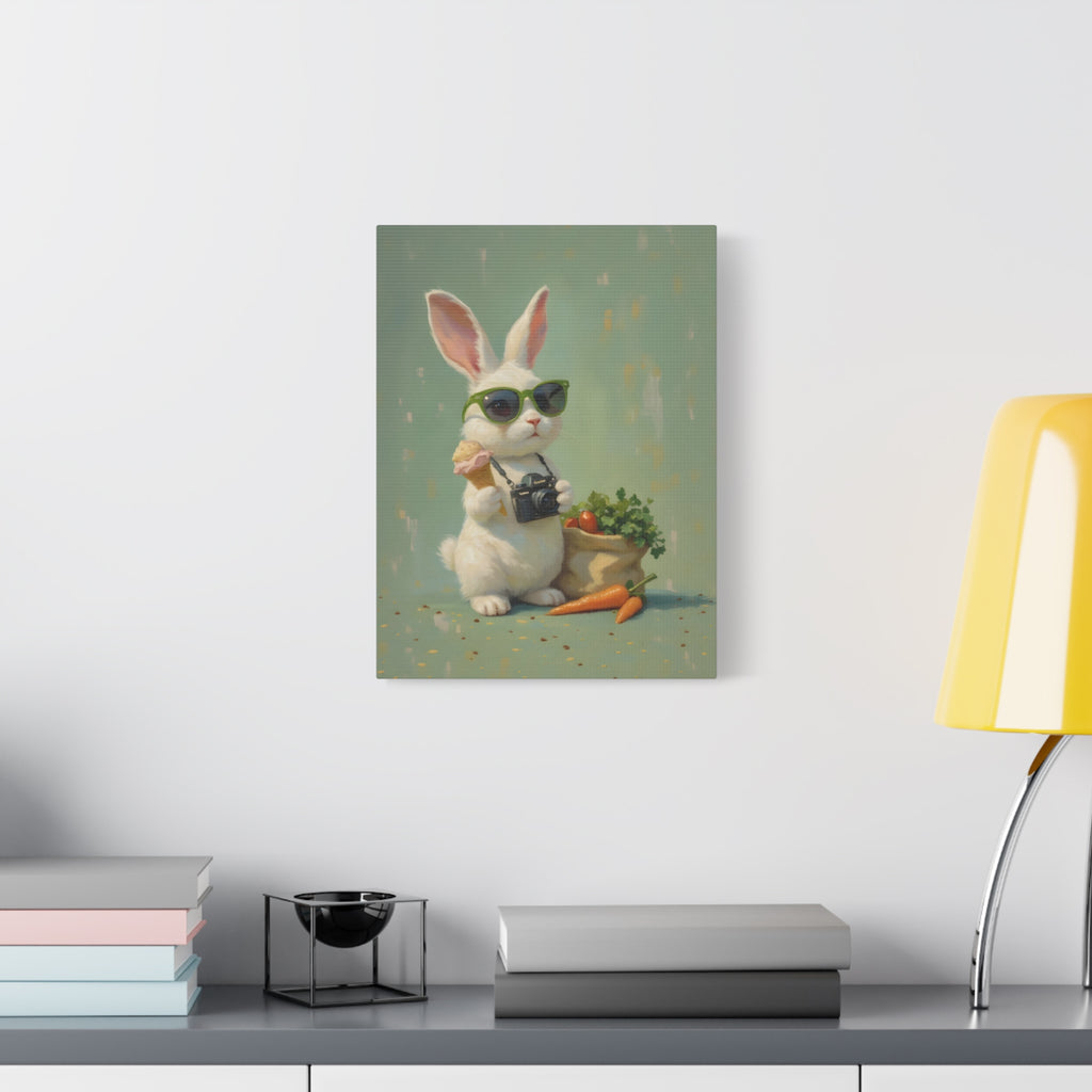 Green Bunny Canvas Wall Art — Photographer Bunny with Carrots & Ice Cream