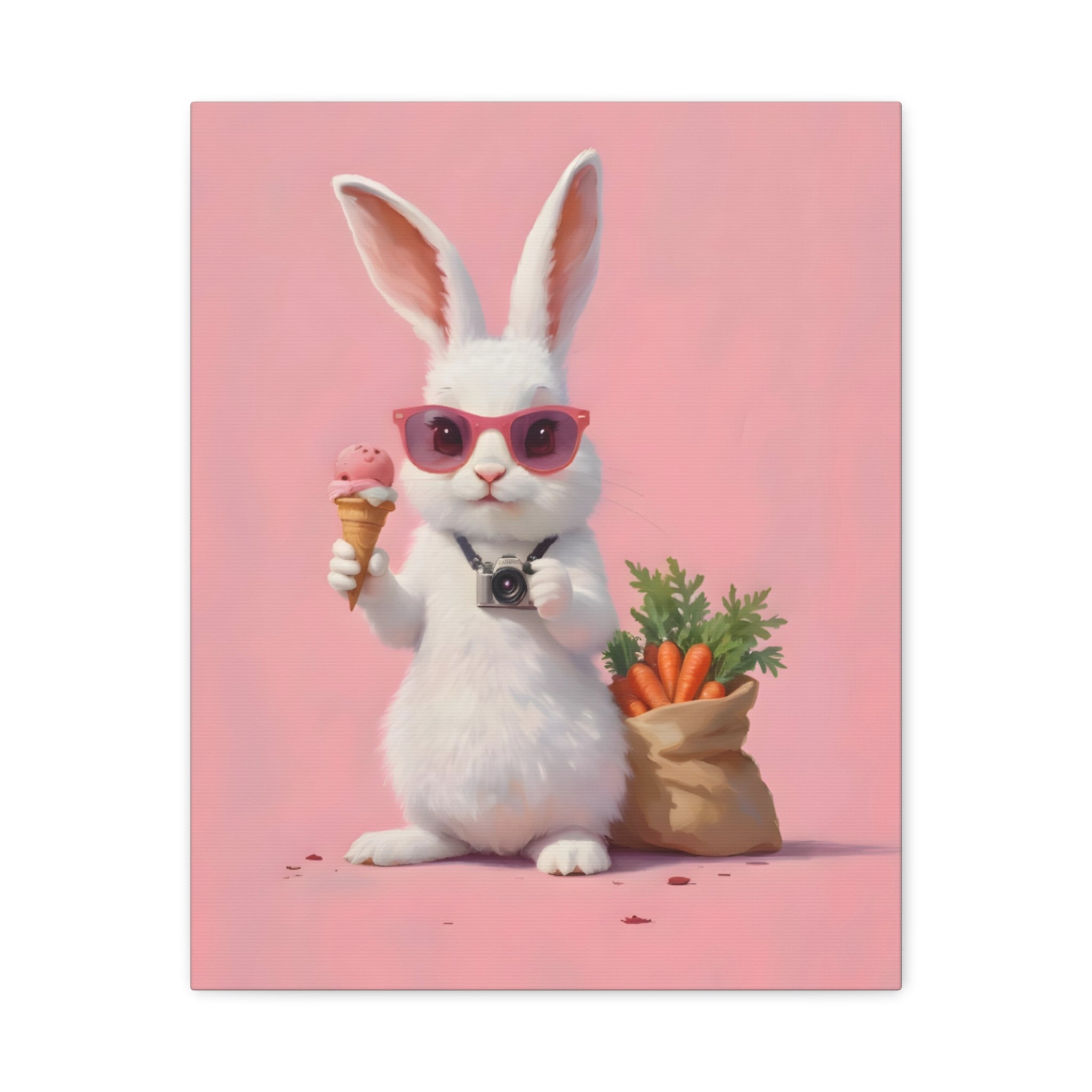 Pink Cute Bunny Canvas Wall Art — Cool Rabbit with Sunglasses, Ice Cream & Carrots (Matte Stretched)