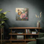 Butterfly on Pink Rose Wall Art - Stretched Canvas