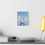 Sailing boat on calm water with pink accents Wall Art - Stretched Canvas