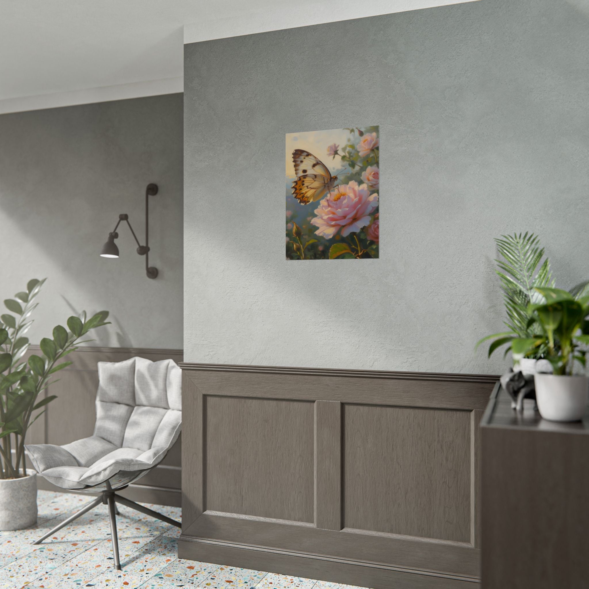 Butterfly on Pink Rose Wall Art - Poster