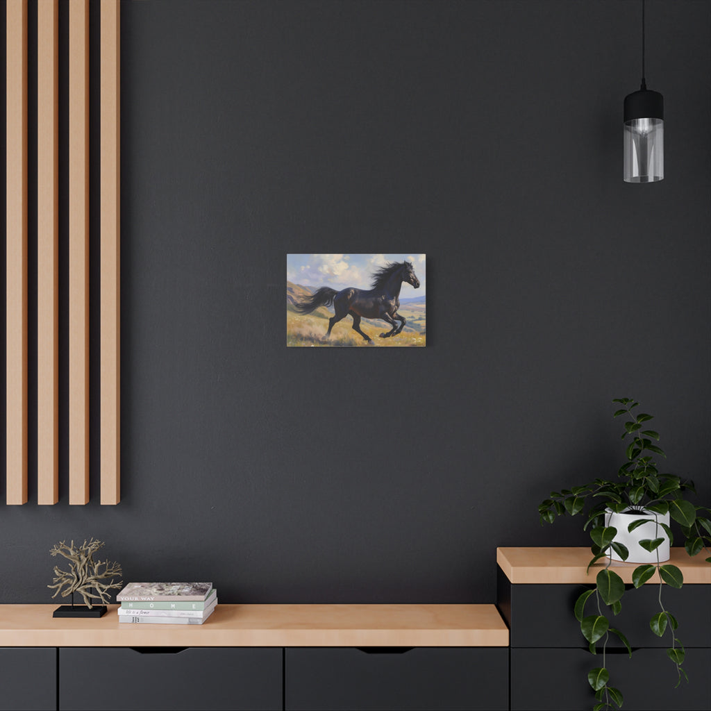 Running Black Stallion Wall Art - Horse Painting - Stretched Canvas