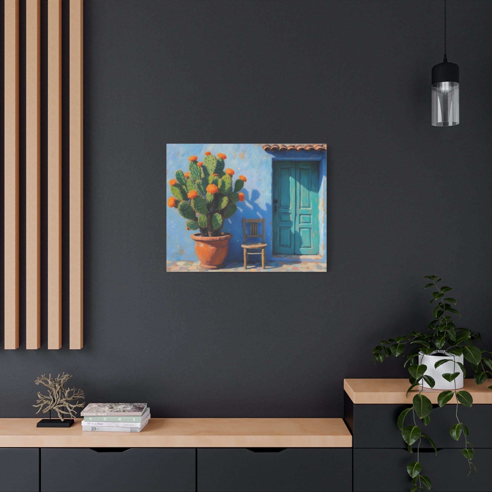 Southwestern Cactus Canvas Wall Art - Turquoise Door Painting (Matte Stretched)