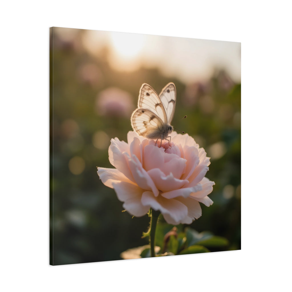 Butterfly on Pink Rose Wall Art - Stretched Canvas