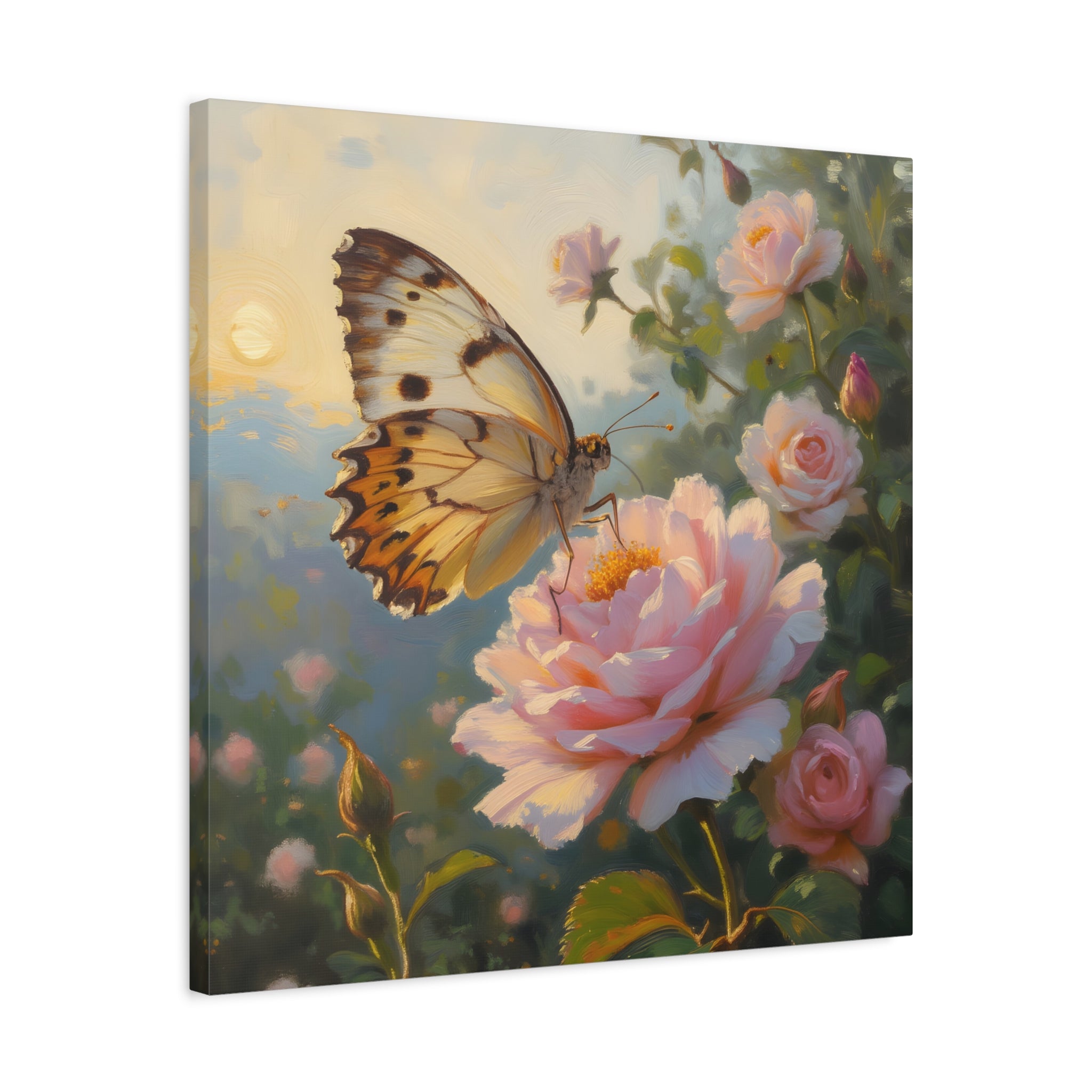 Butterfly on Pink Rose Wall Art - Stretched Canvas
