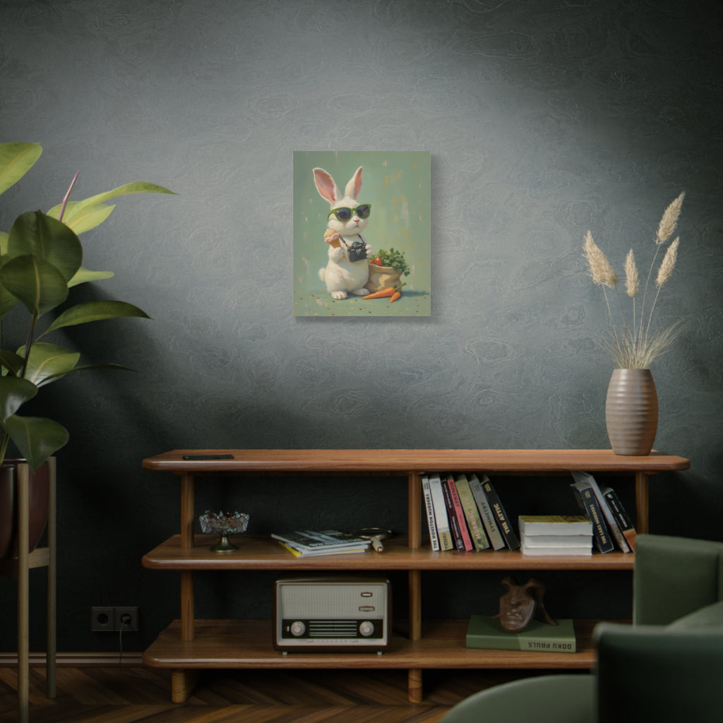 Green Bunny Canvas Wall Art — Photographer Bunny with Carrots & Ice Cream