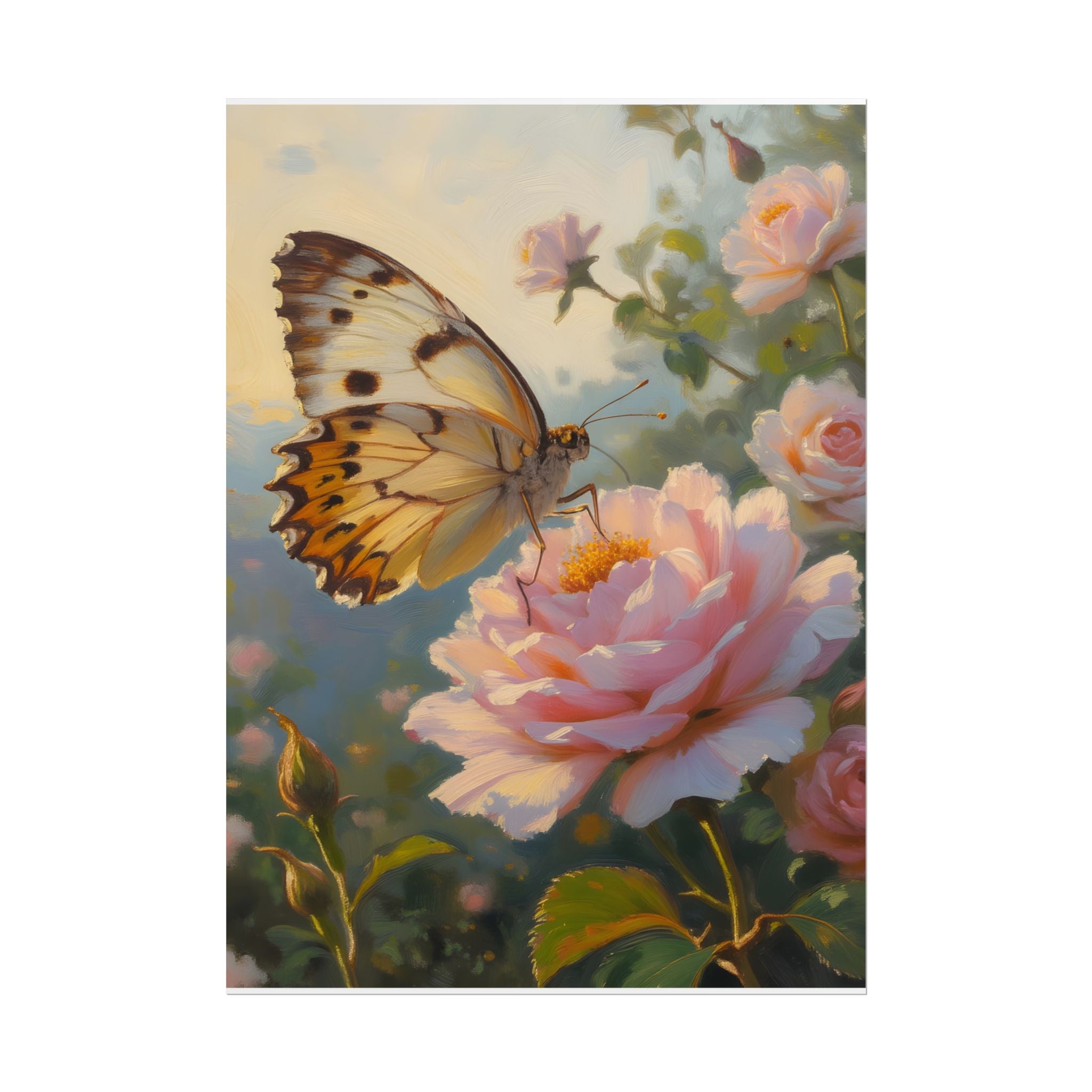 Butterfly on Pink Rose Wall Art - Poster