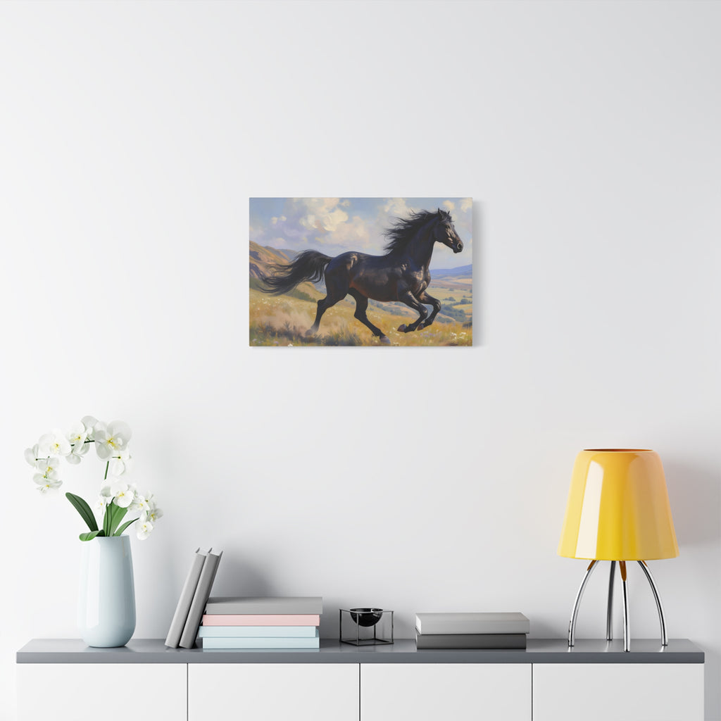 Running Black Stallion Wall Art - Horse Painting - Stretched Canvas