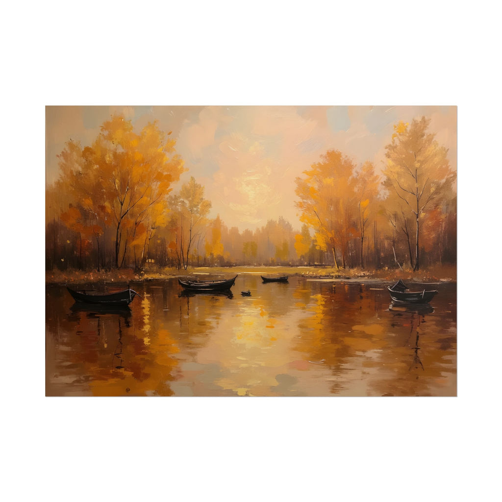 Autumn at the lake with rowboats - Poster
