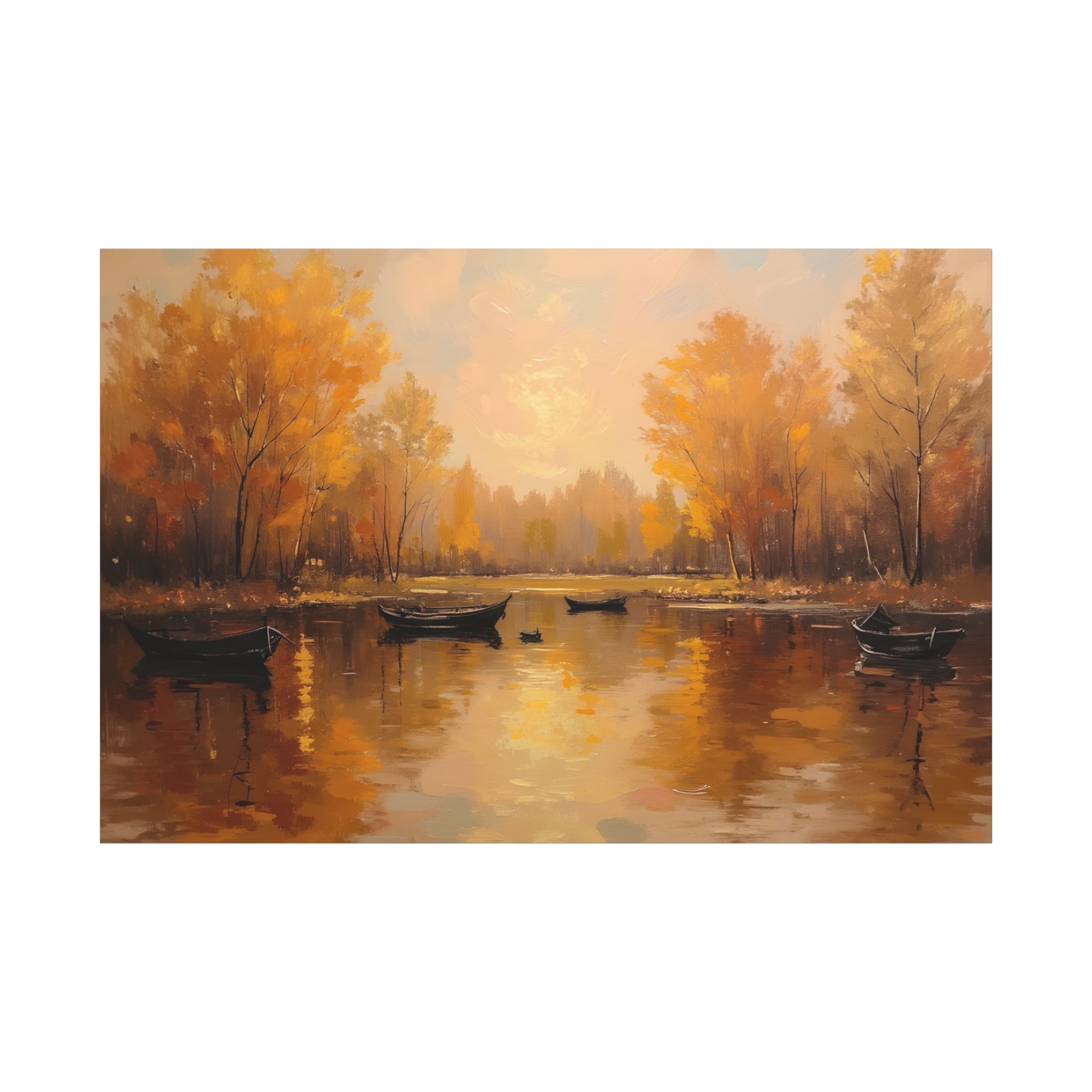 Autumn at the lake with rowboats Wall Art - Stretched Canvas