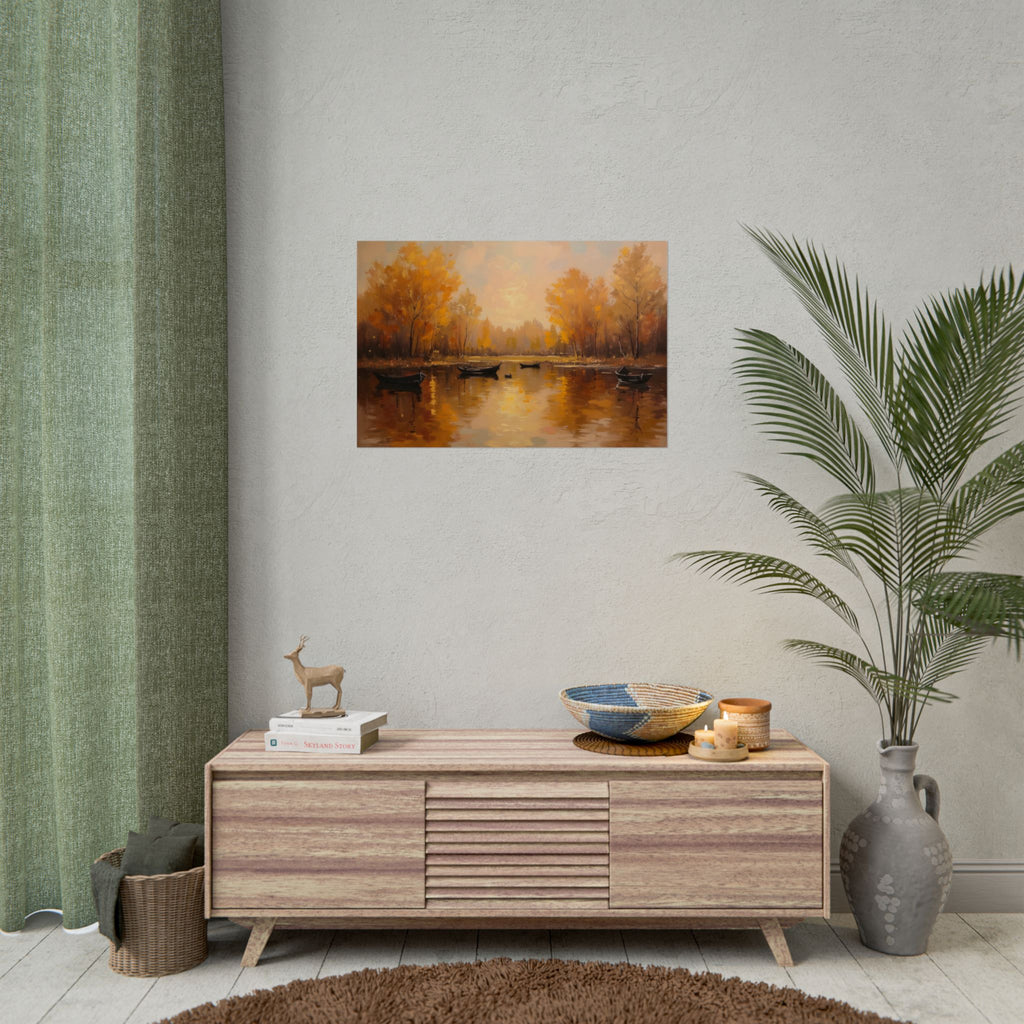 Autumn at the lake with rowboats - Poster