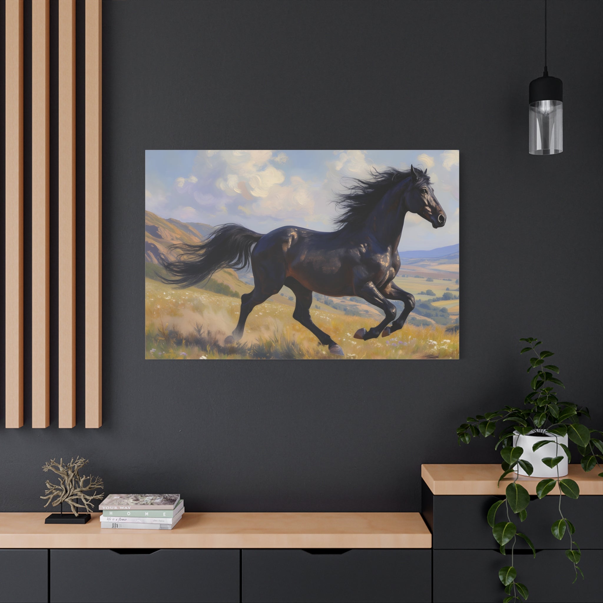 Running Black Stallion Wall Art - Horse Painting - Stretched Canvas