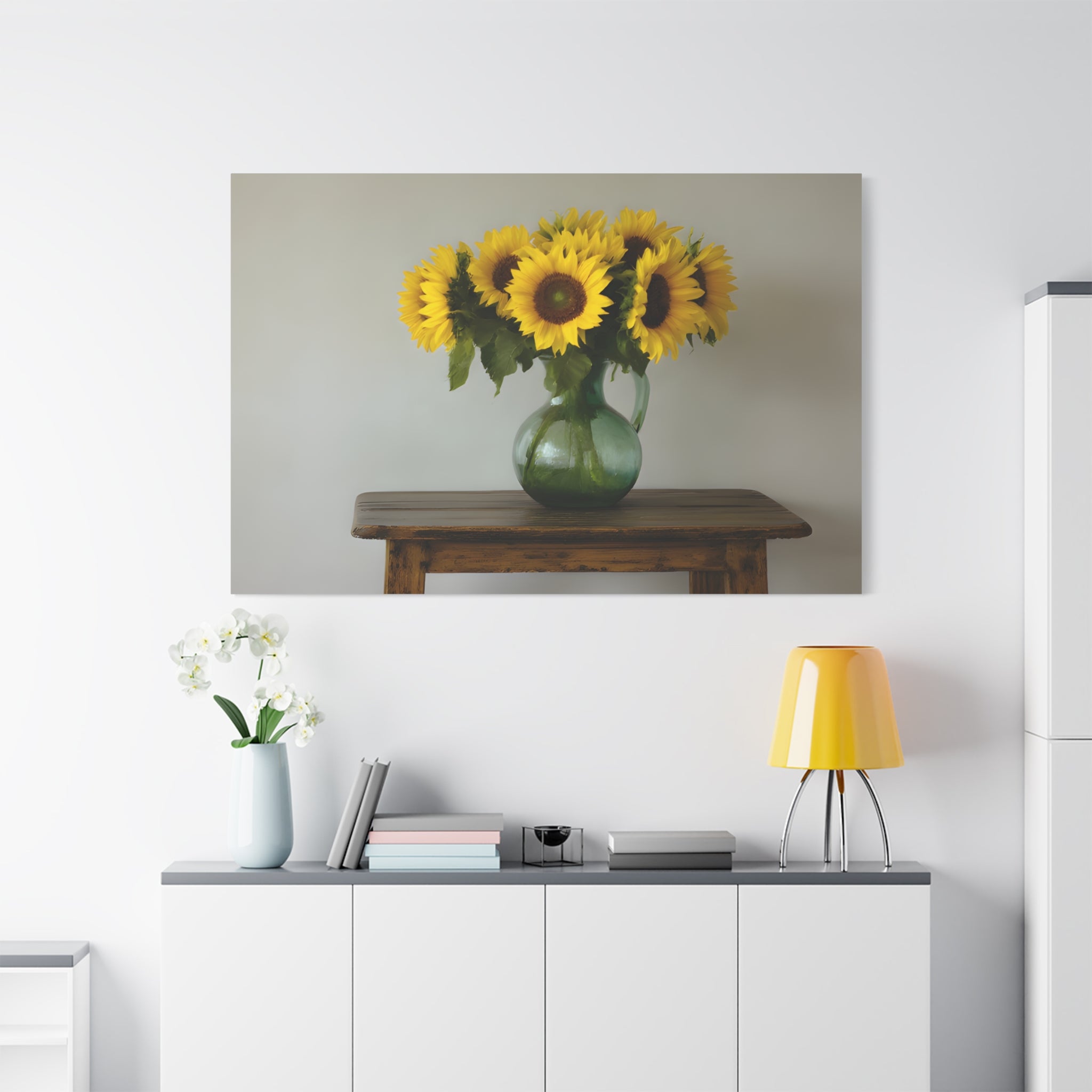 Sunflowers in Green Pitcher Wall Art - Stretched Canvas