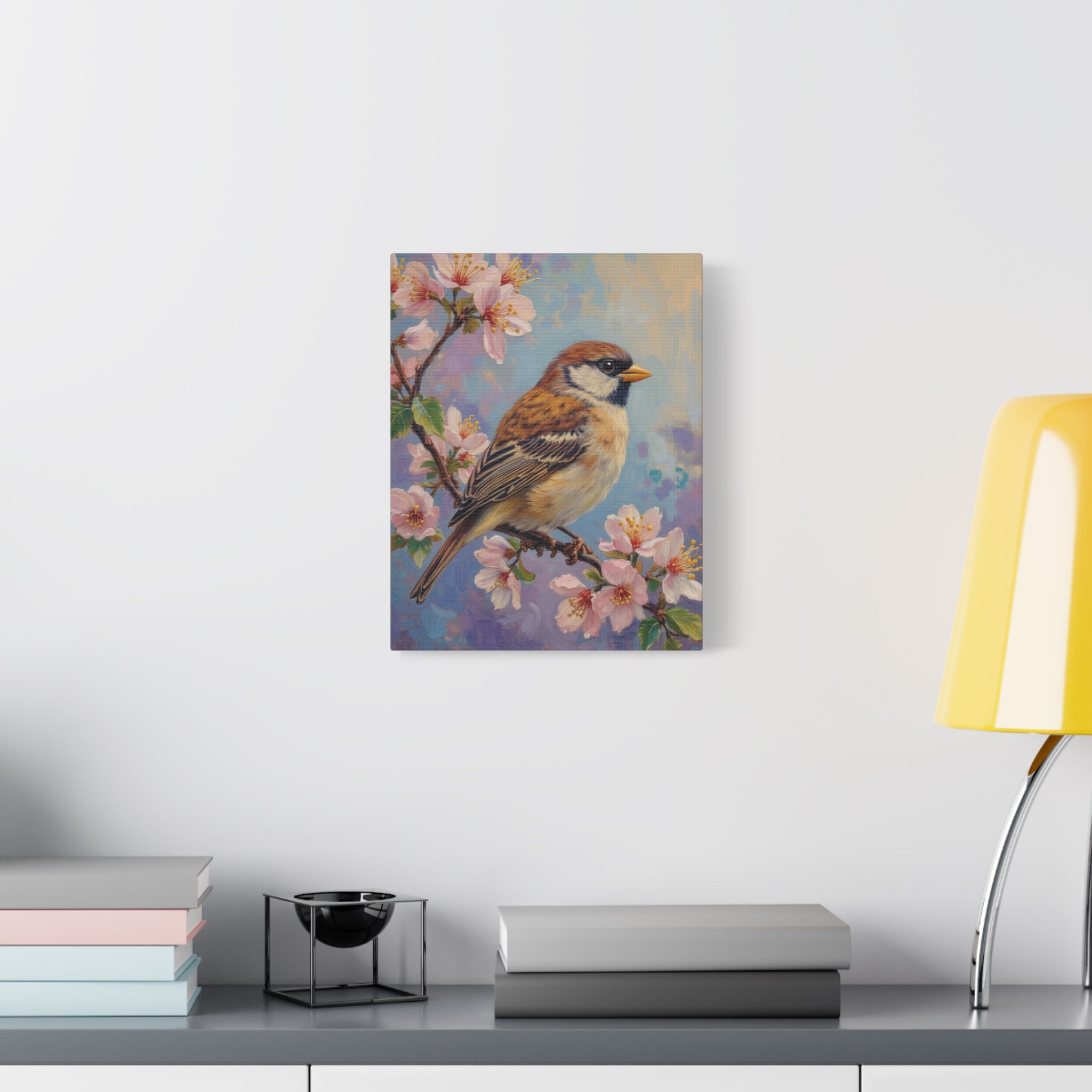 Sparrow on Cherry Blossoms Matte Stretched Canvas