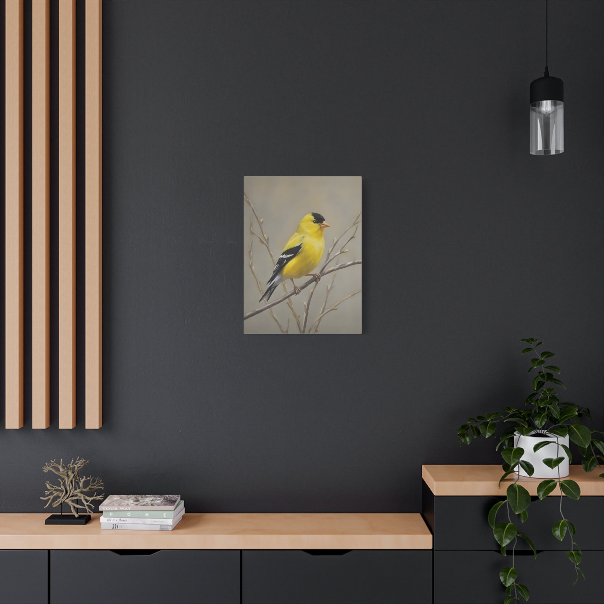 Putter Muurkunst Canvas — Gele Zangvogel Schilderij op Tak, Mat Gespannen Canvas
