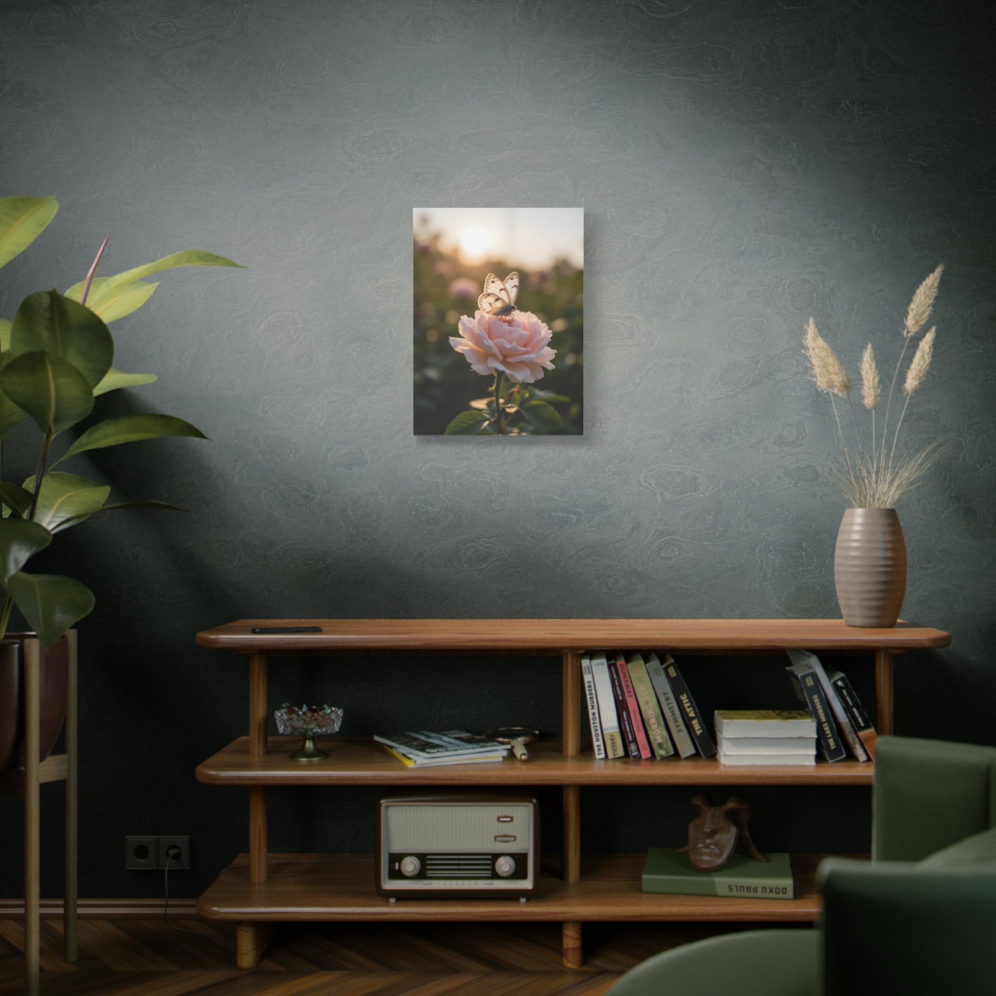 Butterfly on Pink Rose Wall Art - Stretched Canvas