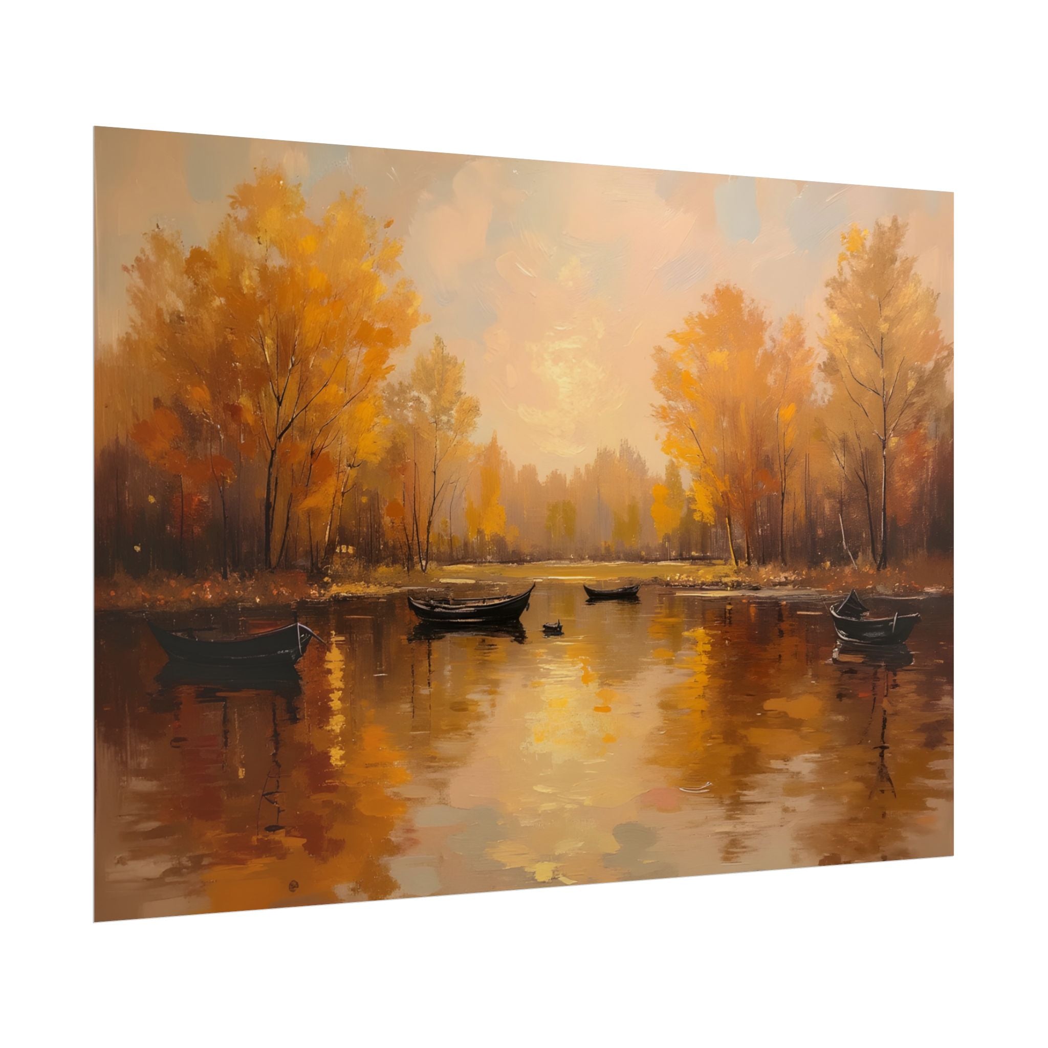 Autumn at the lake with rowboats - Poster