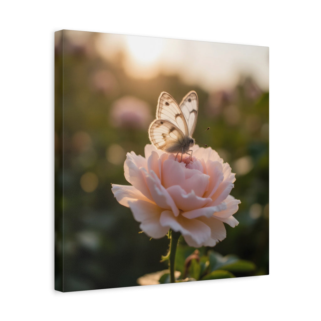 Butterfly on Pink Rose Wall Art - Stretched Canvas