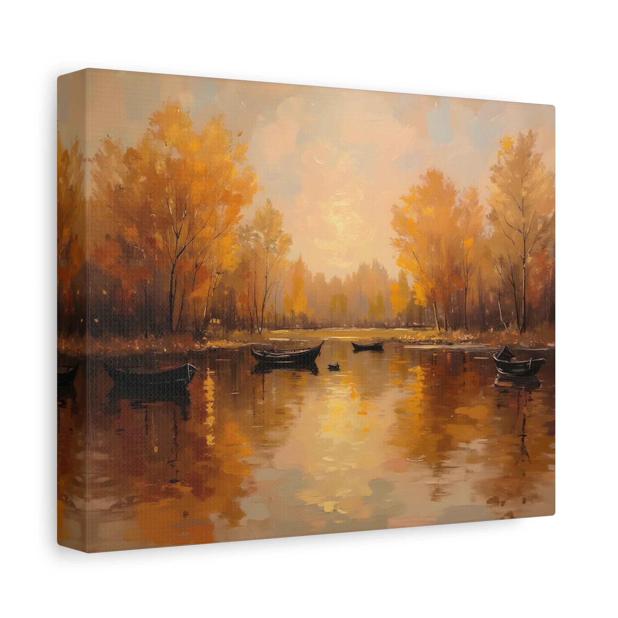 Autumn at the lake with rowboats Wall Art - Stretched Canvas