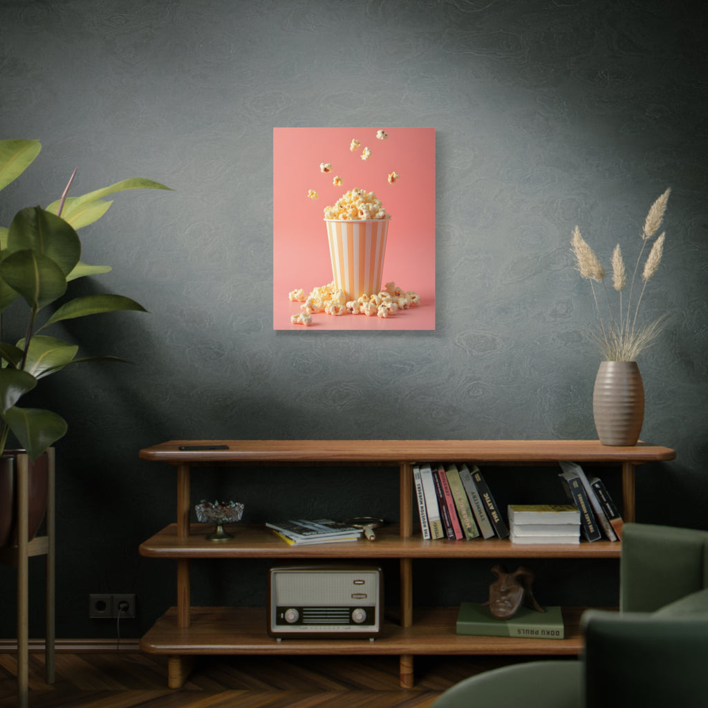 Popcorn with a pink background Wall Art - Stretched Canvas