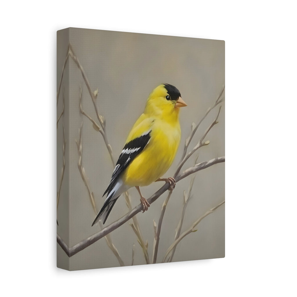 Putter Muurkunst Canvas — Gele Zangvogel Schilderij op Tak, Mat Gespannen Canvas