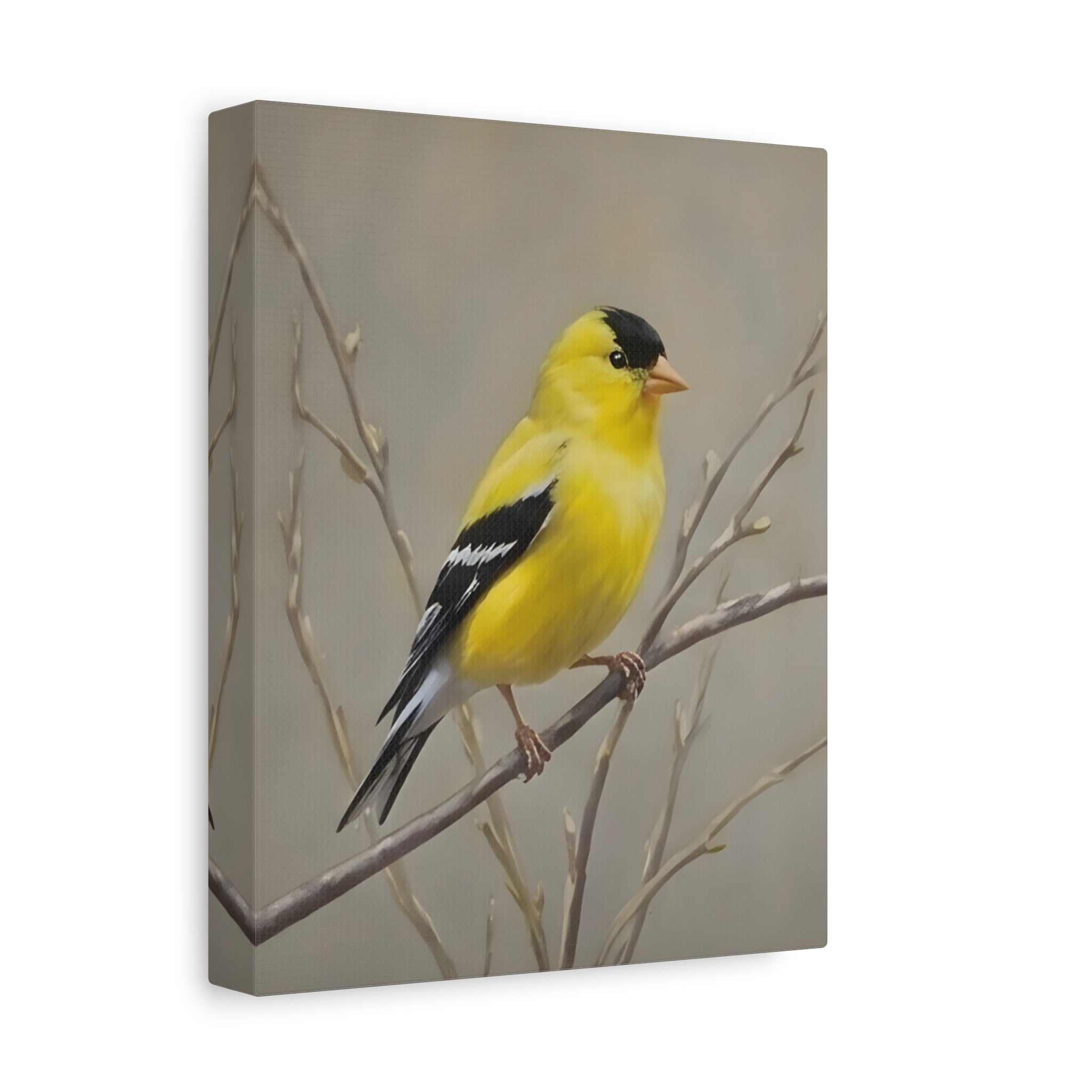 Goldfinch Wall Art Canvas — Yellow Songbird Painting on Branch, Matte Stretched Canvas