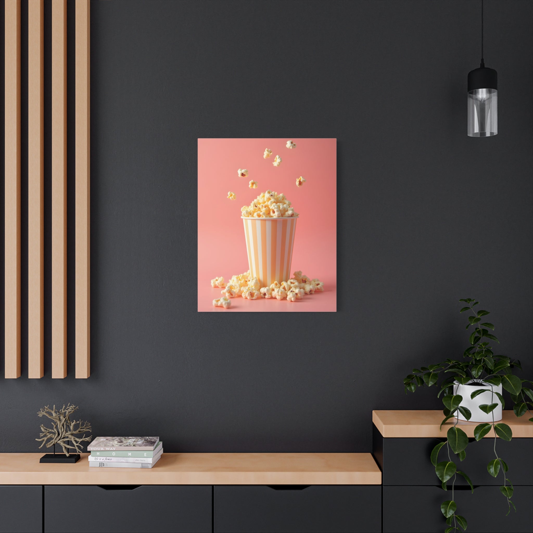 Popcorn with a pink background Wall Art - Stretched Canvas