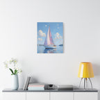 Sailing boat on calm water with pink accents Wall Art - Stretched Canvas