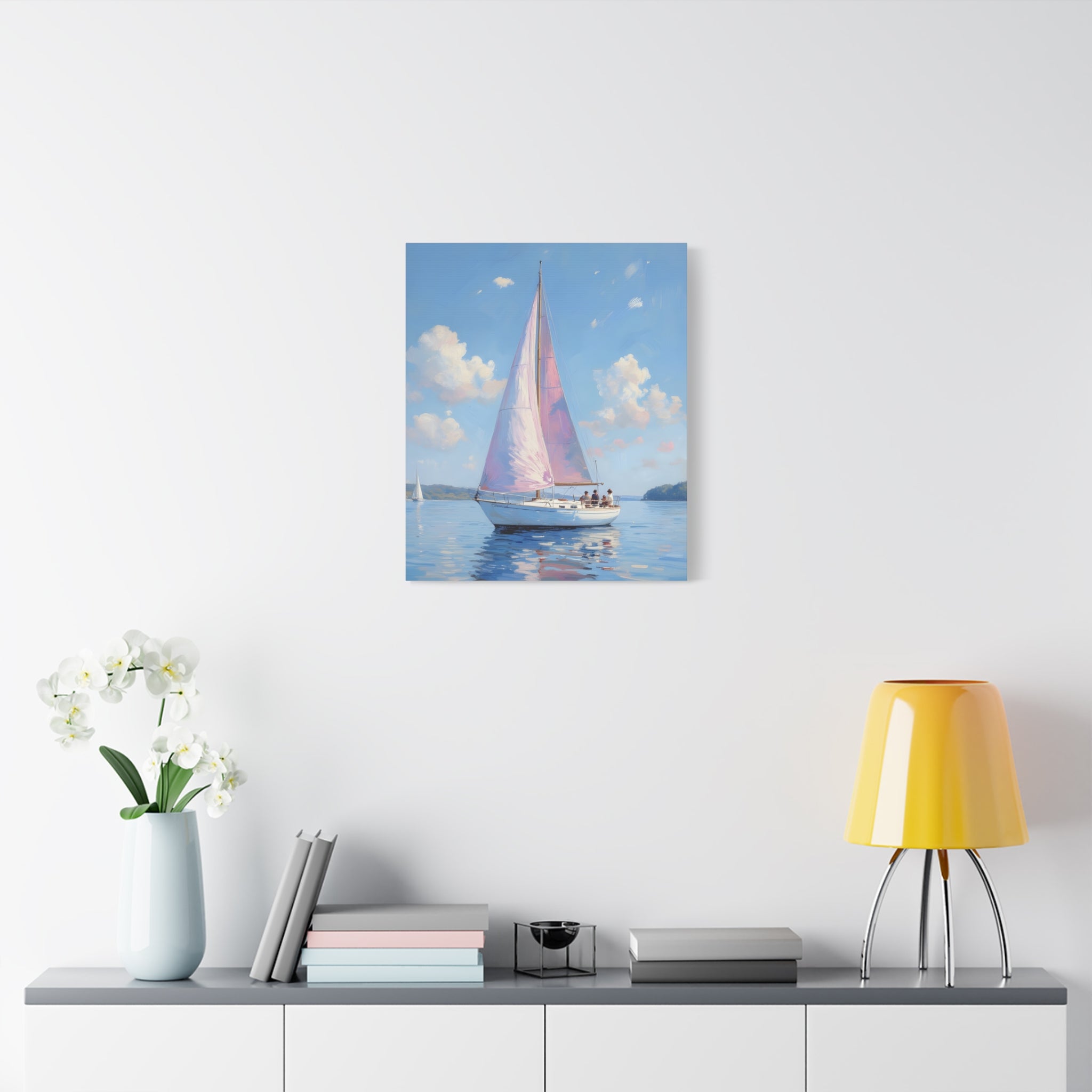 Sailing boat on calm water with pink accents Wall Art - Stretched Canvas
