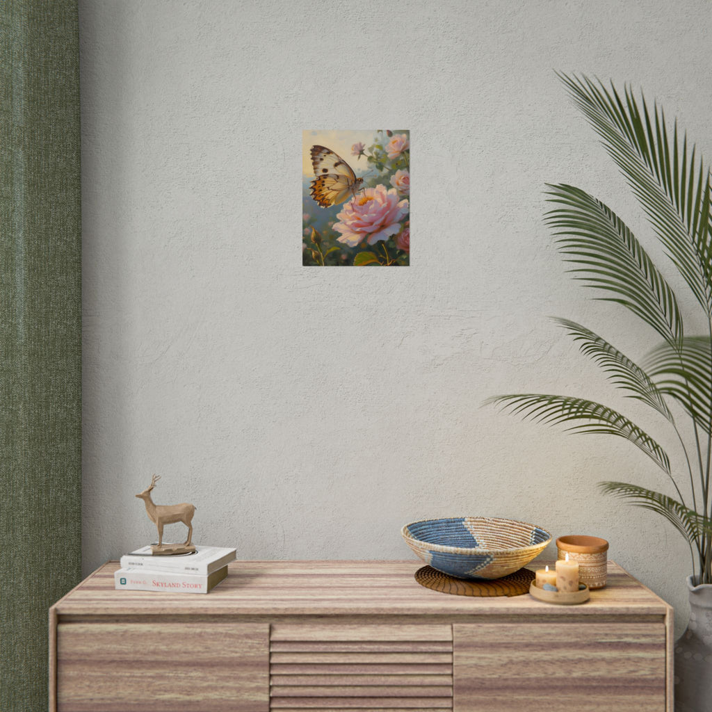Butterfly on Pink Rose Wall Art - Poster