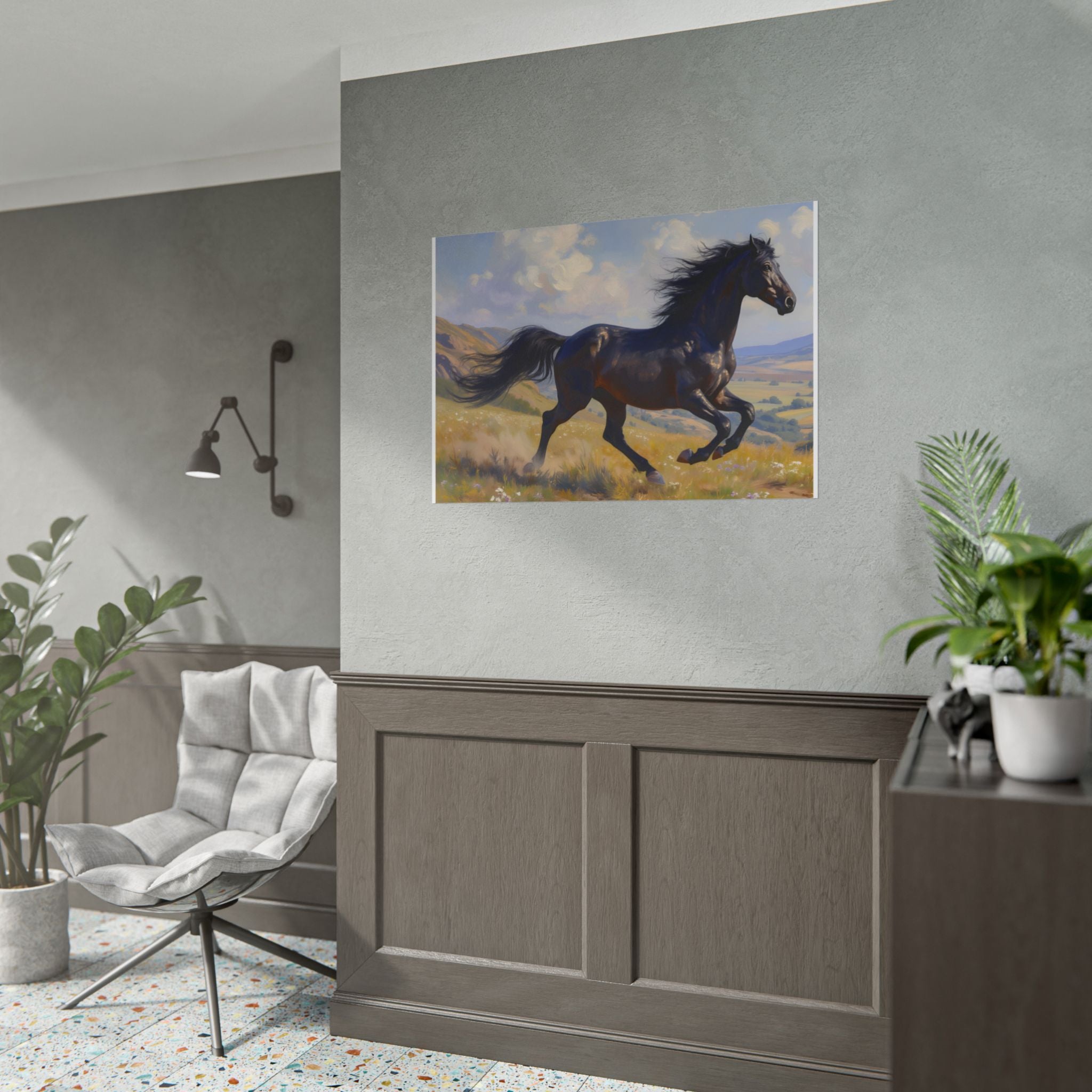 Running Black Stallion Wall Art - Horse Painting - Poster